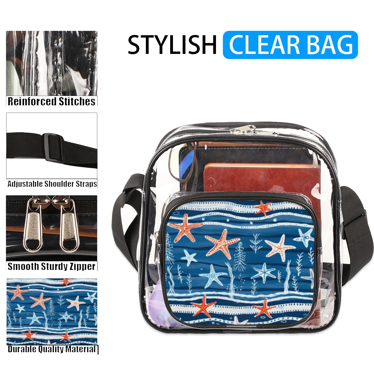 Mularoka Starfish Clear Crossbody Purse Bag - Blue & Pink Starfish Design, Stadium Approved Transparent Shoulder Bag for Women & Men | Perfect for Music Festivals, Sports Events, Concerts & Beach Outings