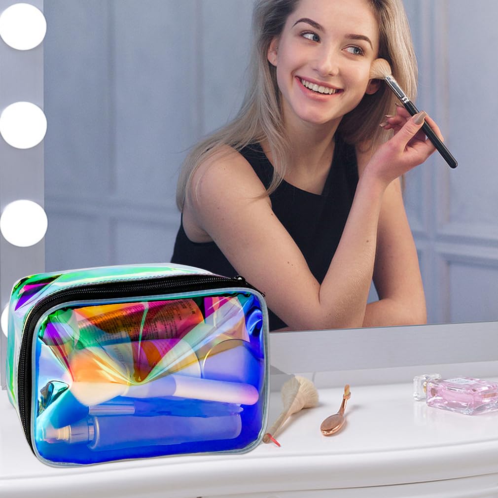 Holographic Pink TPU Makeup Bag - Clear Travel Toiletry Pouch with Zipper, Waterproof Cosmetic Storage for Women | Iridescent Cosmetic Organizer for Travel, Gym, Beach & Everyday Use