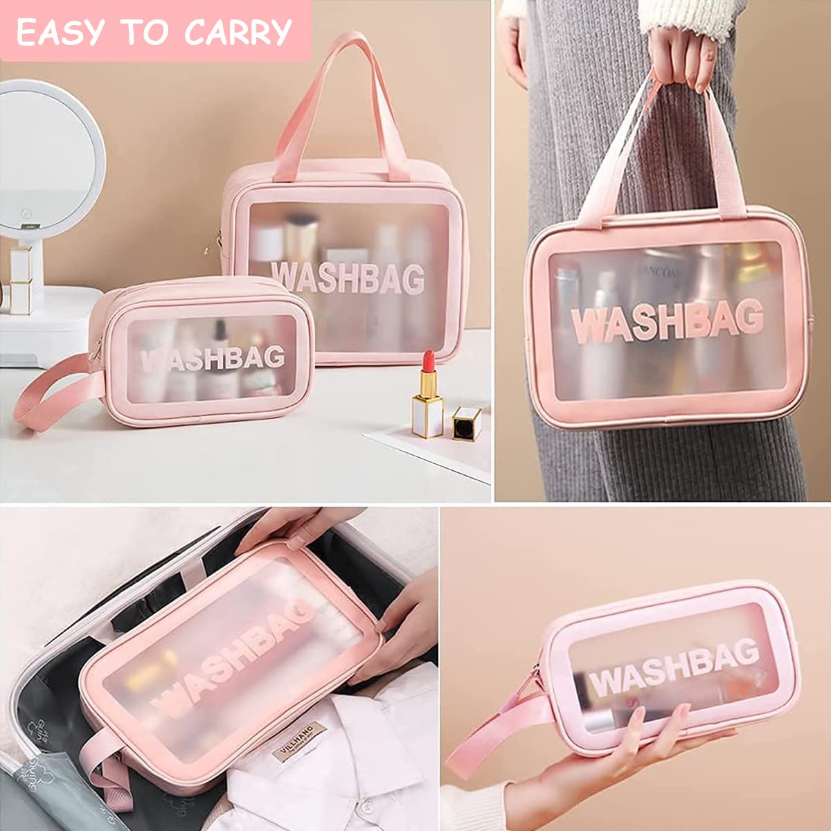 MAYCREATE® 3-Piece Clear Makeup Bag Set - Waterproof Cosmetic Organizer for Women & Girls | Travel Toiletry Storage Pouch | Perfect for Home, Gym, and Vacation (Pink)