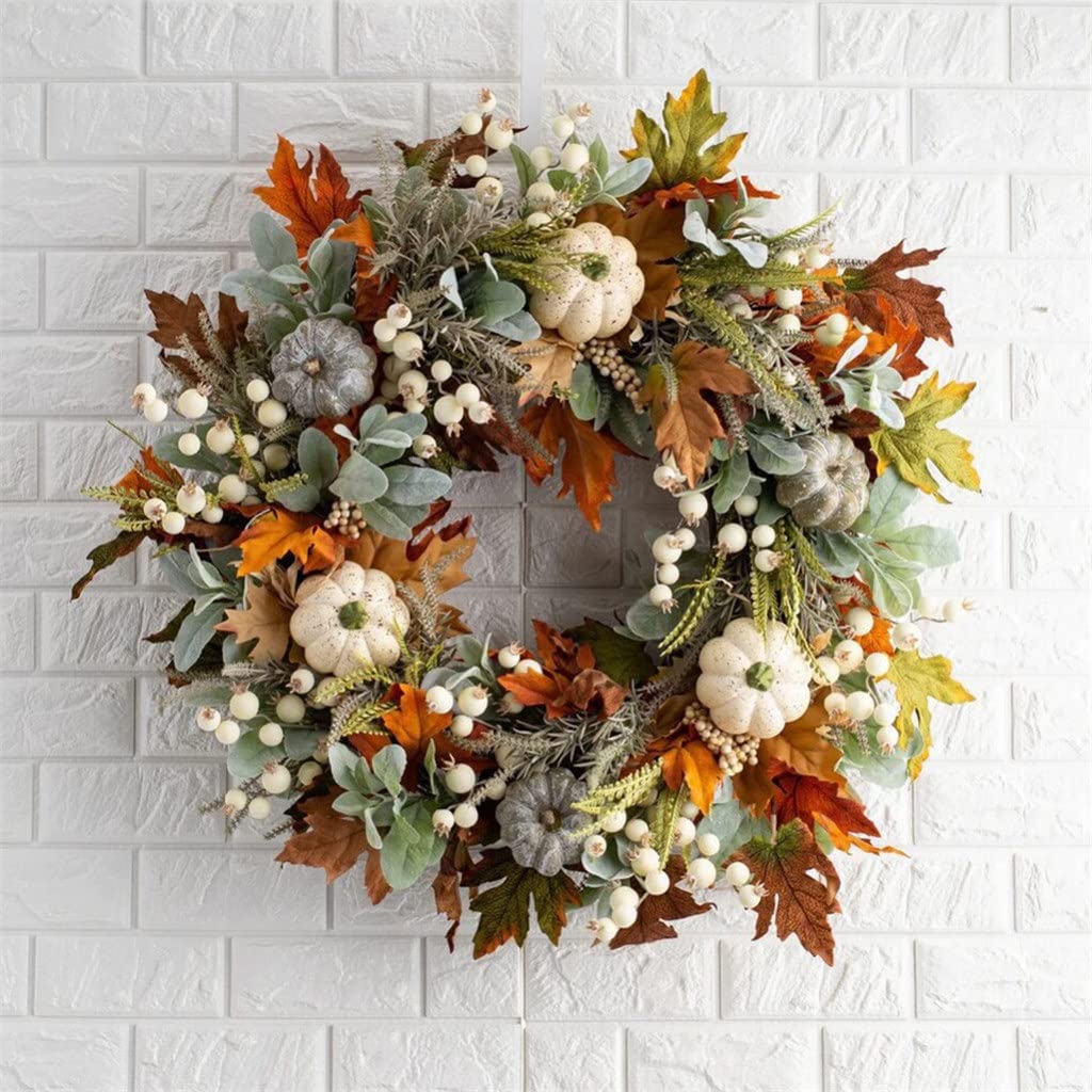 Artificial Wreath for Halloween & Thanksgiving - Frosted Leaf Pumpkin Maple Autumn Wreath - 17.7 Inch Front Door Decor - Seasonal Home Decoration (Color A) | Perfect for Front Porch, Mantel & Holiday Party Decor