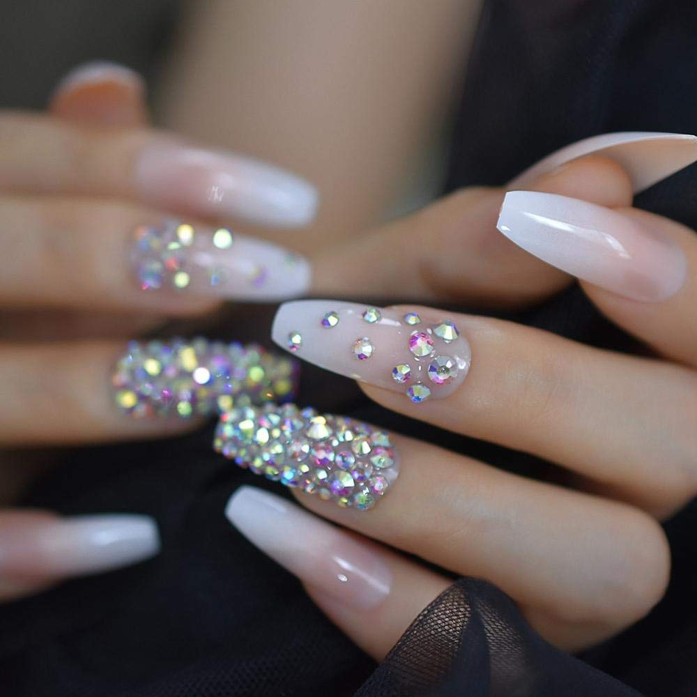 3D Stone Rhinestone Gradient Pink French Press-On Fake Nails - Extra Long Coffin Shape False Nails for Women, Natural Look for Parties, Weddings & Special Occasions