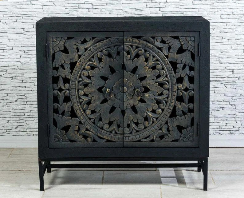 Handcrafted Mandala Carved Solid Wood Cabinet - Indian Blackwash Small Sideboard with Storage | Vintage Boho Bedroom Furniture, Living Room Console Table, Entryway Storage Solution