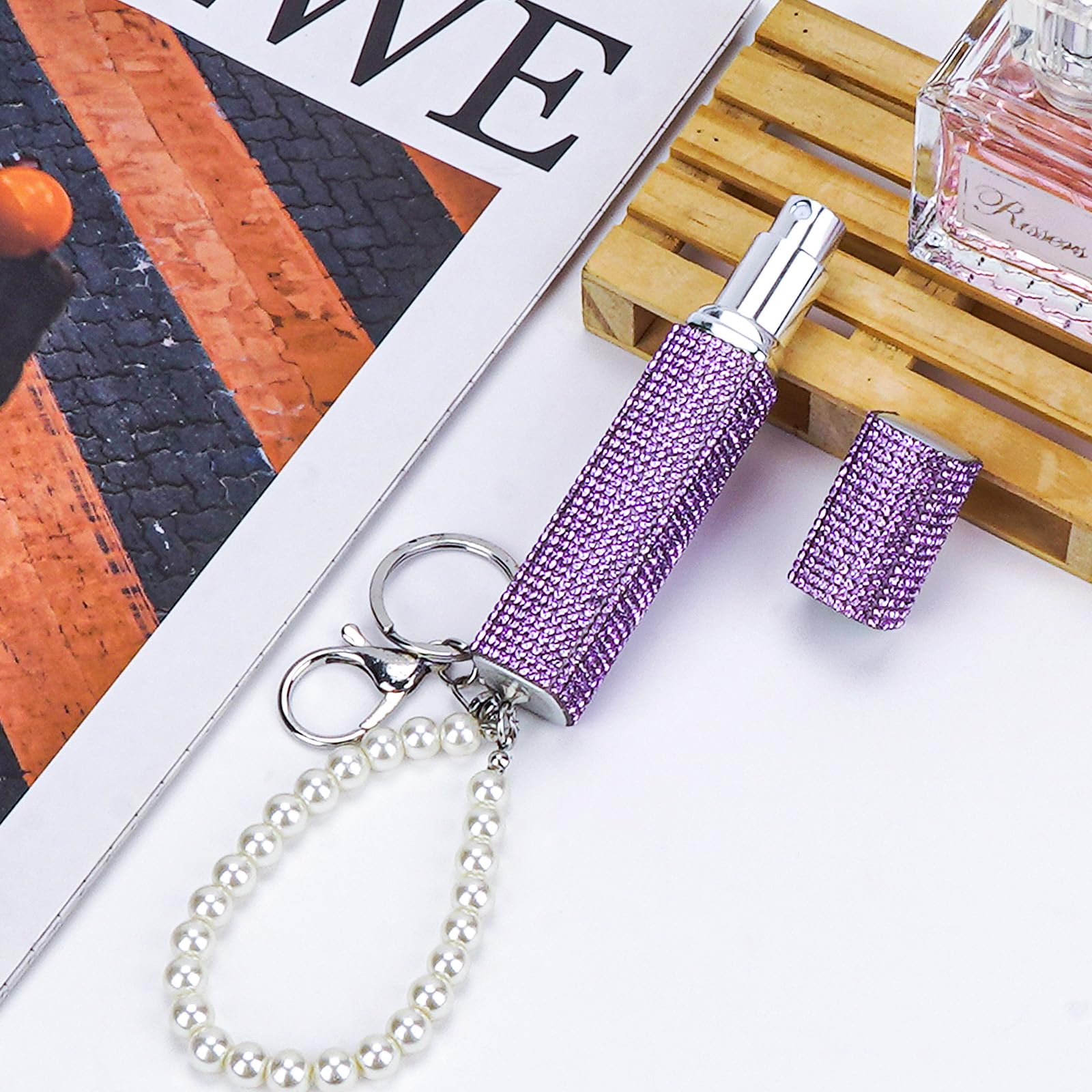 SHIDOW Bling Refillable Perfume Spray Bottle with Keychain - Portable Travel Essential Oil & Cosmetic Container - Empty Purple Perfume Bottle with Pearl Liquid Sprayer (1PC) - Perfect for Purse, Gym Bag & Travel Accessories