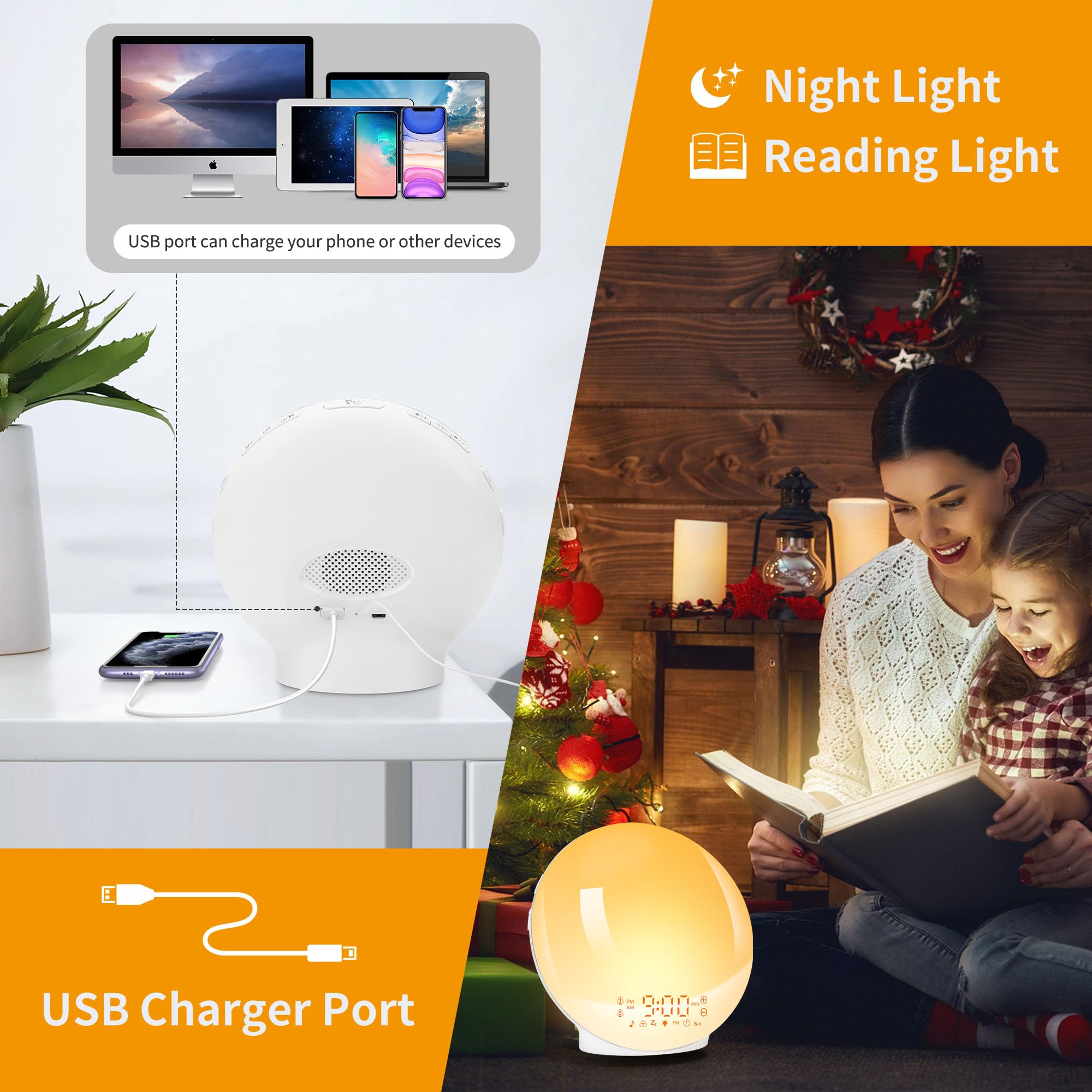 Sunrise Alarm Clock with Wake Up Light - Sunrise/Sunset Simulation, Dual Alarms, FM Radio & 7 Natural Sounds | 11 Color Changing Night Light for Bedroom, Snooze Function (White) - Perfect for Gentle Morning Wake-Ups & Relaxing Nighttime Ambience