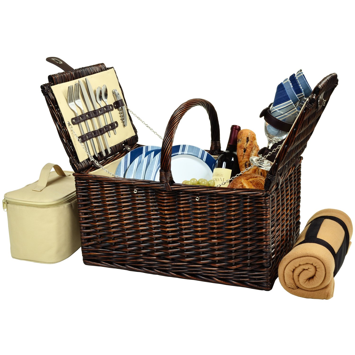 Premium Buckingham Picnic Basket for 4 with Soft Blanket - Perfect for Outdoor Dining, Beach Trips & Romantic Picnics (Blue)