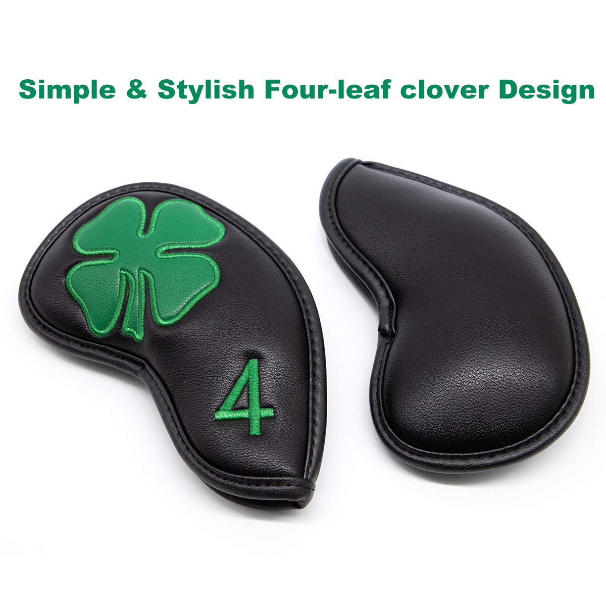 Premium Leather Golf Iron Head Covers Set of 10 - Lucky Clover Design with Magic Tape for All Brand Clubs | Protective Club Covers for Golf Bags & Travel Cases