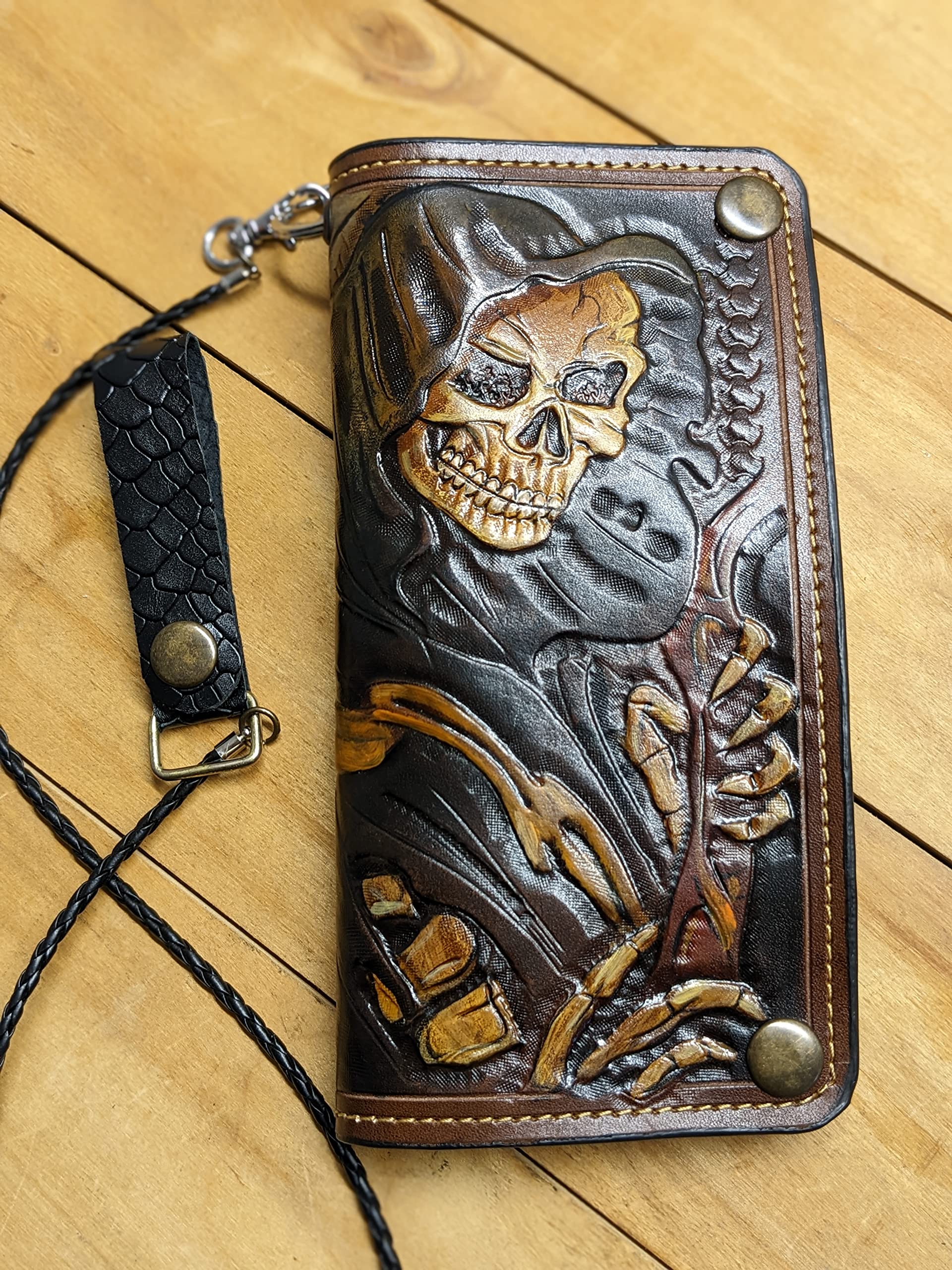 Handmade 3D Genuine Leather Wallet for Men - Custom Engraved Biker & Travel Wallet with Skull Design - Perfect for Motorcycle Riders, Business Professionals & Gift Giving