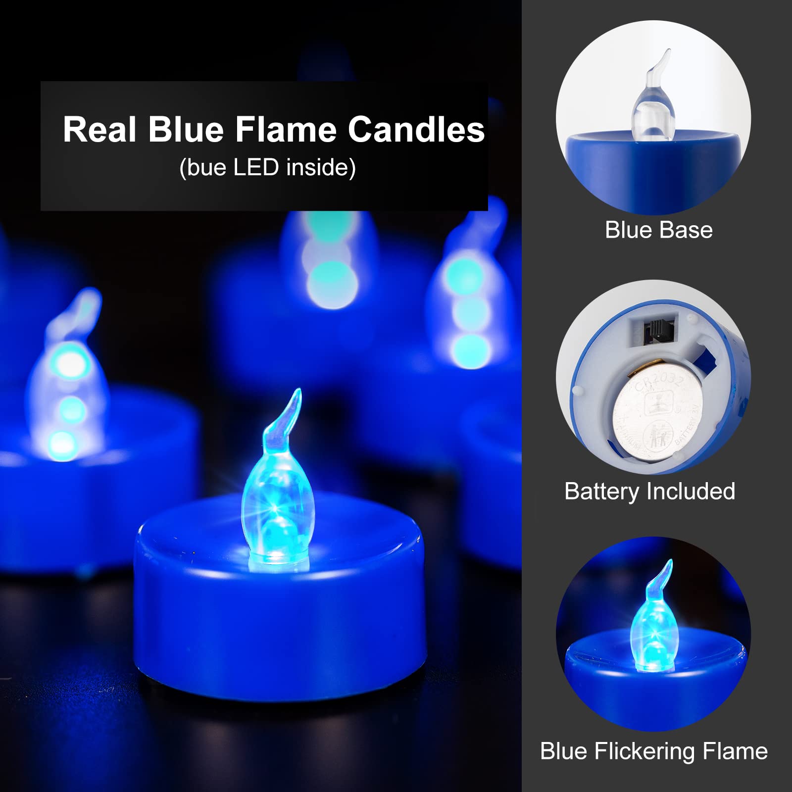 24-Pack Blue Flickering LED Flameless Tea Light Candles - Battery Operated Fake Candles with Realistic Flame Effect - Perfect for Halloween Decor, Wedding Centerpieces, and Romantic Dinner Ambiance
