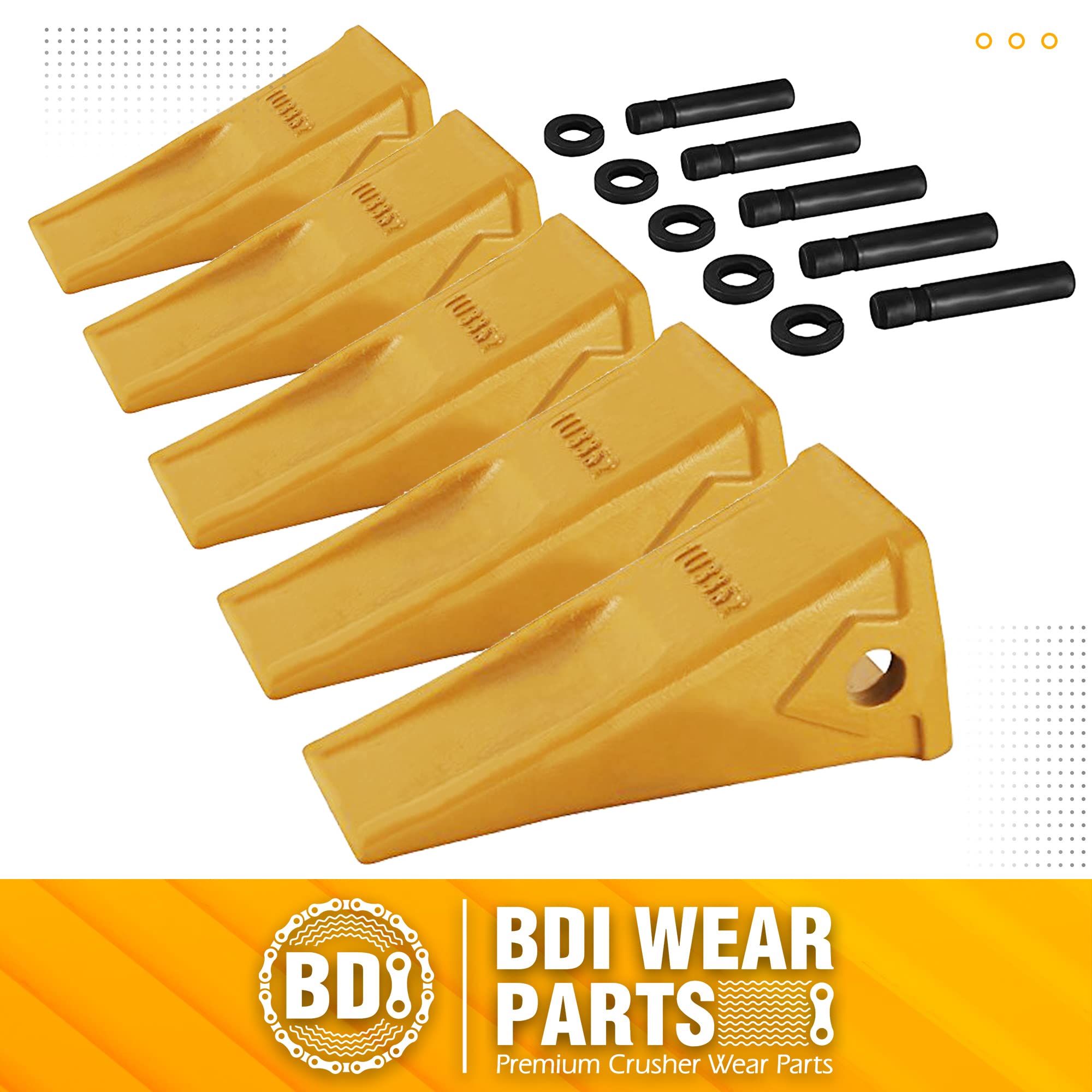 BDI Wear Parts 1U3352 Casting Bucket Teeth for Caterpillar J350 Style Mini Excavator Buckets - 5 Pack with Pins (8E6358 & 8E6359 Retainers) - Durable Excavator Teeth for Digging, Trenching & Construction Work