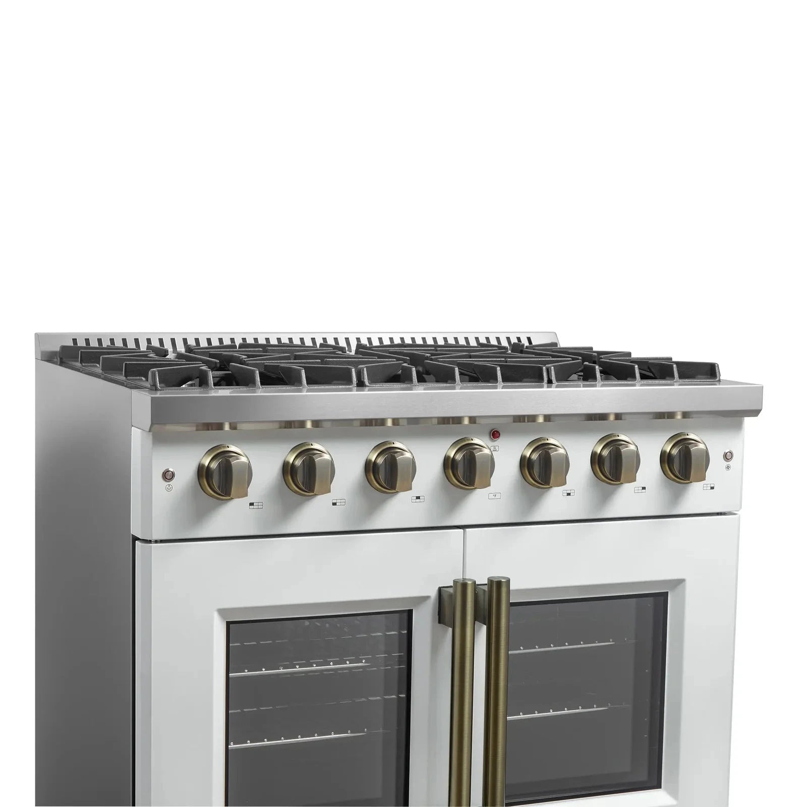 Forno Galiano 36-Inch French Door All Gas Range in White with Antique Brass Trim - Model FFSGS6444 36WHT | Professional Kitchen Appliance for Home Chefs & Modern Cooking