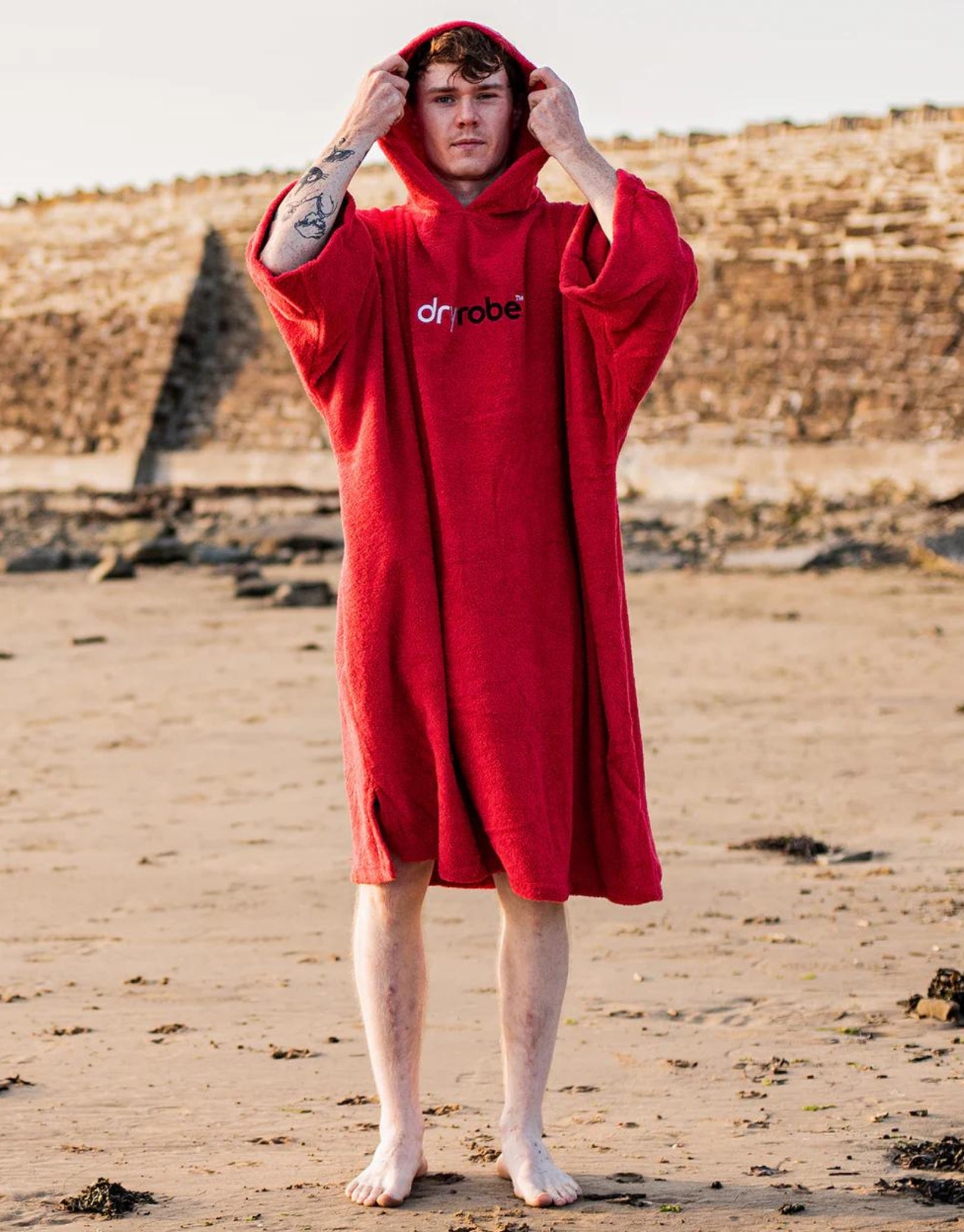 Organic Cotton Short Sleeve Adult Towel Poncho - Soft & Absorbent Bathrobe for Men & Women - Perfect for Beach, Pool, Spa & After Shower - Red