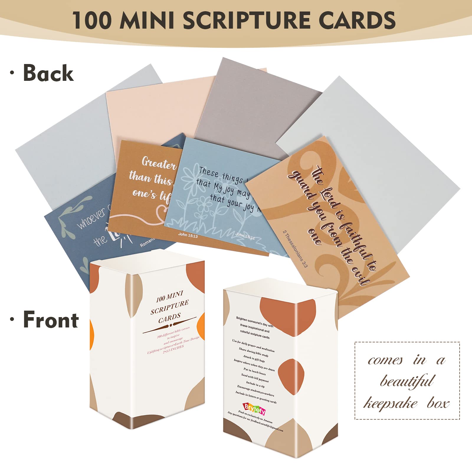 BRYTEFY 100 Earth Tone Prayer Cards with Inspirational Bible Verses - Assorted Mini Scripture Encouragement Cards for Christian Gifts, Bible Study & Daily Devotion
