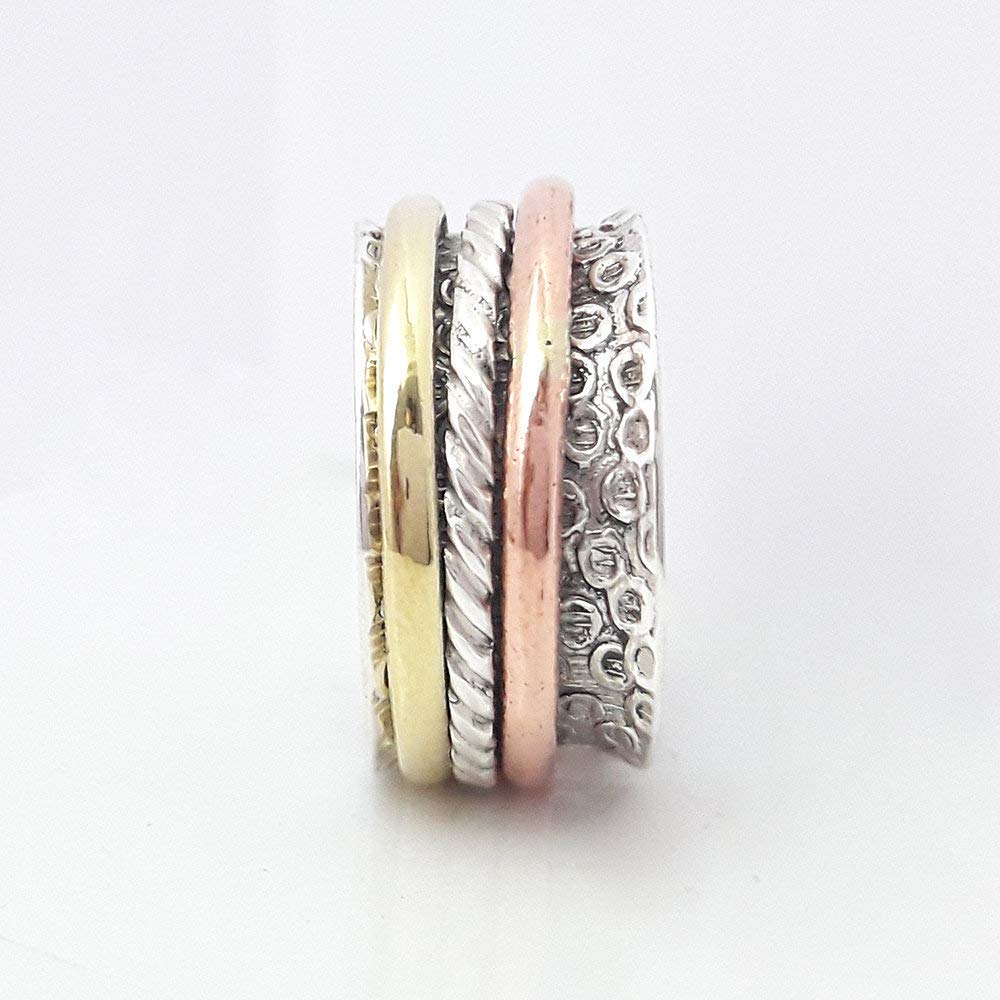 Tricolor Spinner Ring - 925 Sterling Silver Rose Gold Meditation Worry Ring - Handmade Hammered Boho Chunky Textured Jewelry for Stress Relief & Anxiety - Perfect for Yoga, Meditation & Daily Wear