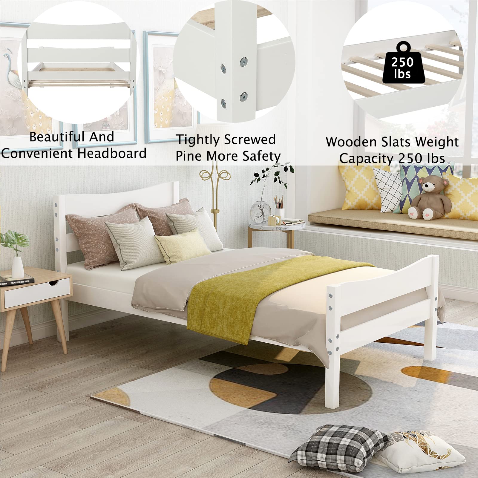 Pvillez Twin Bed Frame with Headboard and Footboard - Solid Wood Platform Bed for Kids, No Box Spring Needed, Storage Space for Boys & Girls (White) - Perfect for Kids' Bedrooms, Guest Rooms & Small Spaces