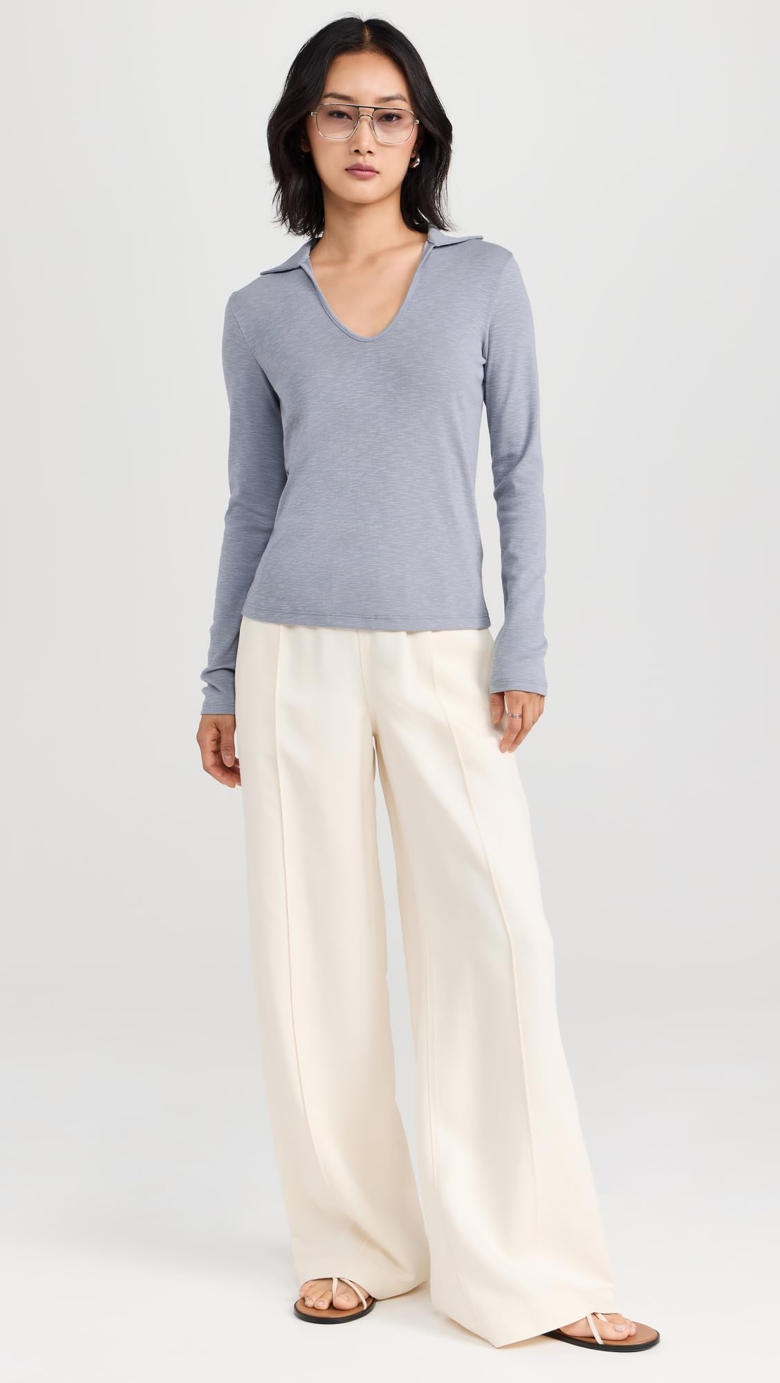 Vince Women's Long Sleeve Open Neck Polo Shirt - Soft Cotton Casual Top for Work & Everyday Wear | Perfect for Office, Business Casual & Weekend Outfits
