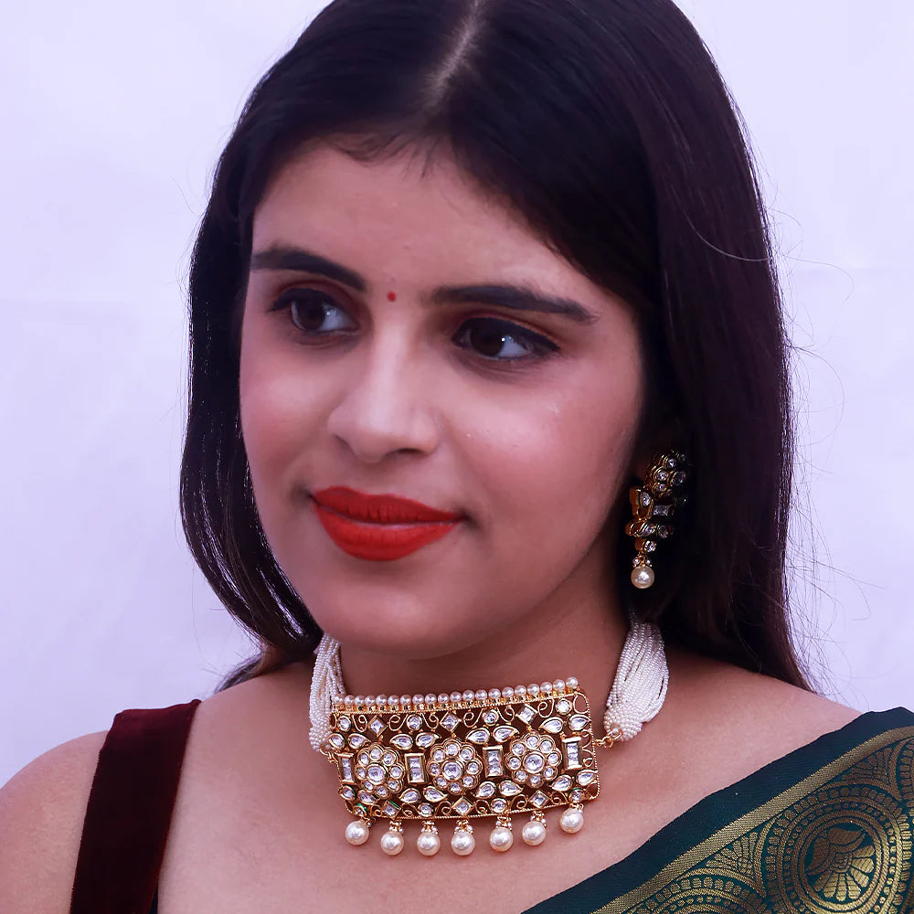 Elegant Gold Plated Royal Kundan Choker Necklace Set with Matching Earrings (D519) - Perfect for Weddings, Parties & Special Occasions