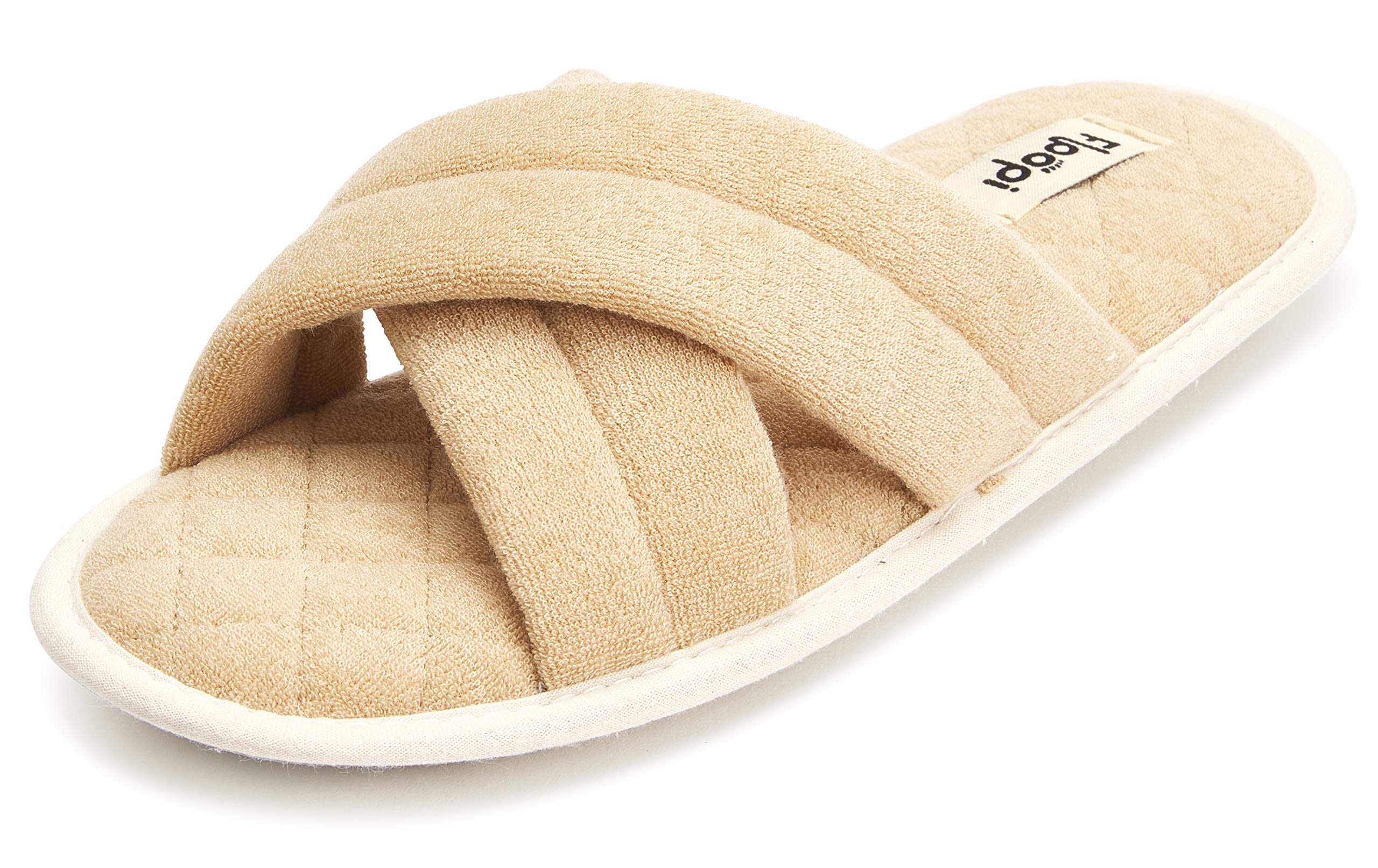 Floopi Women's Soft Criss Cross Open Toe Slippers with Quilted Terry Stitch Insole, Memory Foam & Anti-Skid Rubber Outsole - Comfortable Summer House Shoes for Indoor/Outdoor Wear