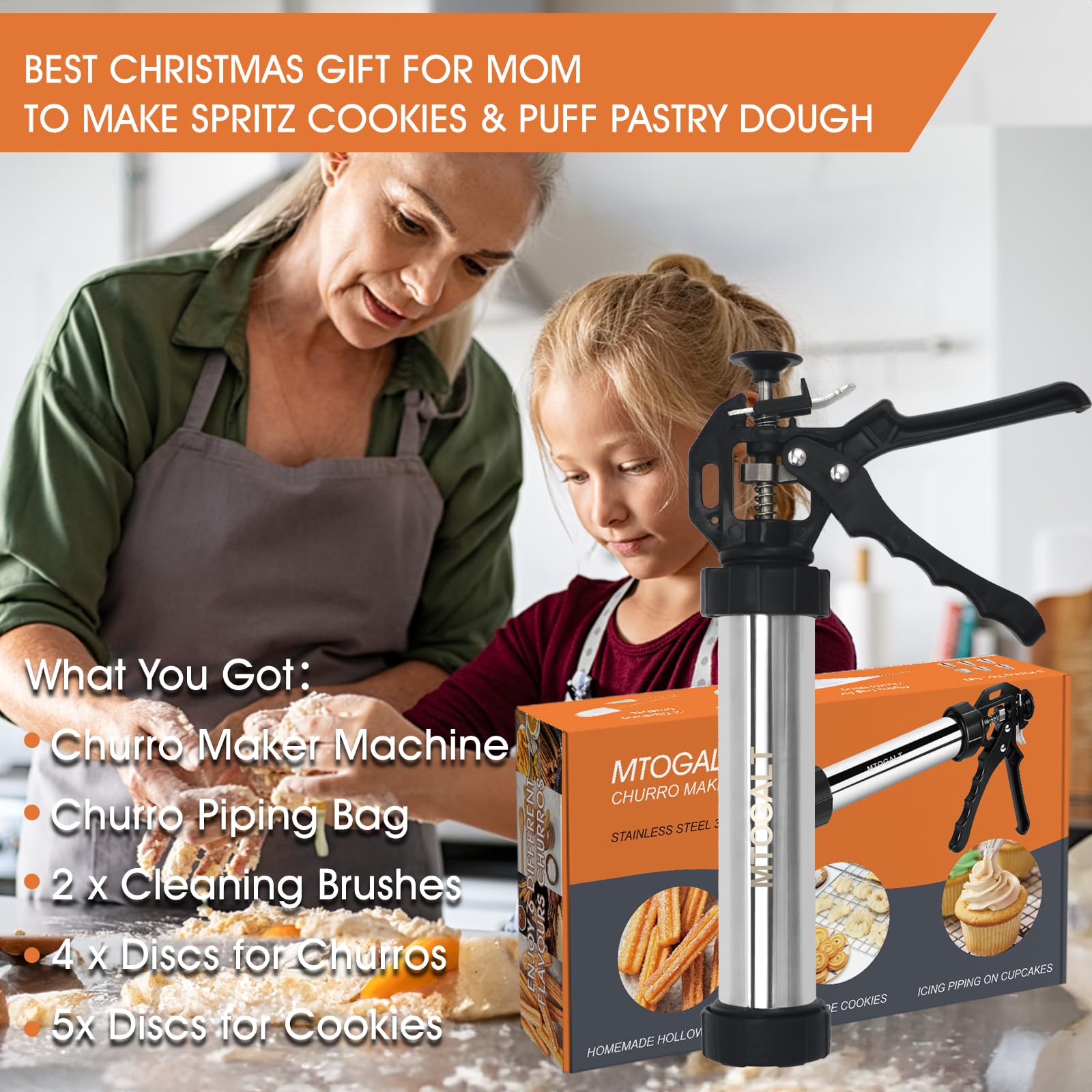 Stainless Steel Churro Maker Machine Kit - 21-Piece Churro Gun with 6 Nozzle Tips, 9 Discs & 2 Cleaning Brushes for Homemade Churros, Cookies & Pastries - Perfect for Parties, Baking & Dessert Making
