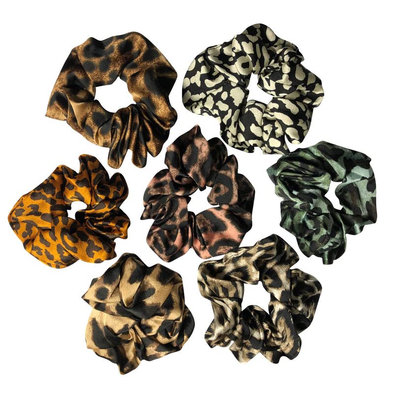 7 Pack Large Cheetah Print Elastic Satin Hair Scrunchies - Soft Hair Ties & Wristbands for Women & Girls (Sleep, Party, Shower, Curly Hair Care) - Fashionable Hair Accessories for Everyday Use, Workouts and Special Occasions