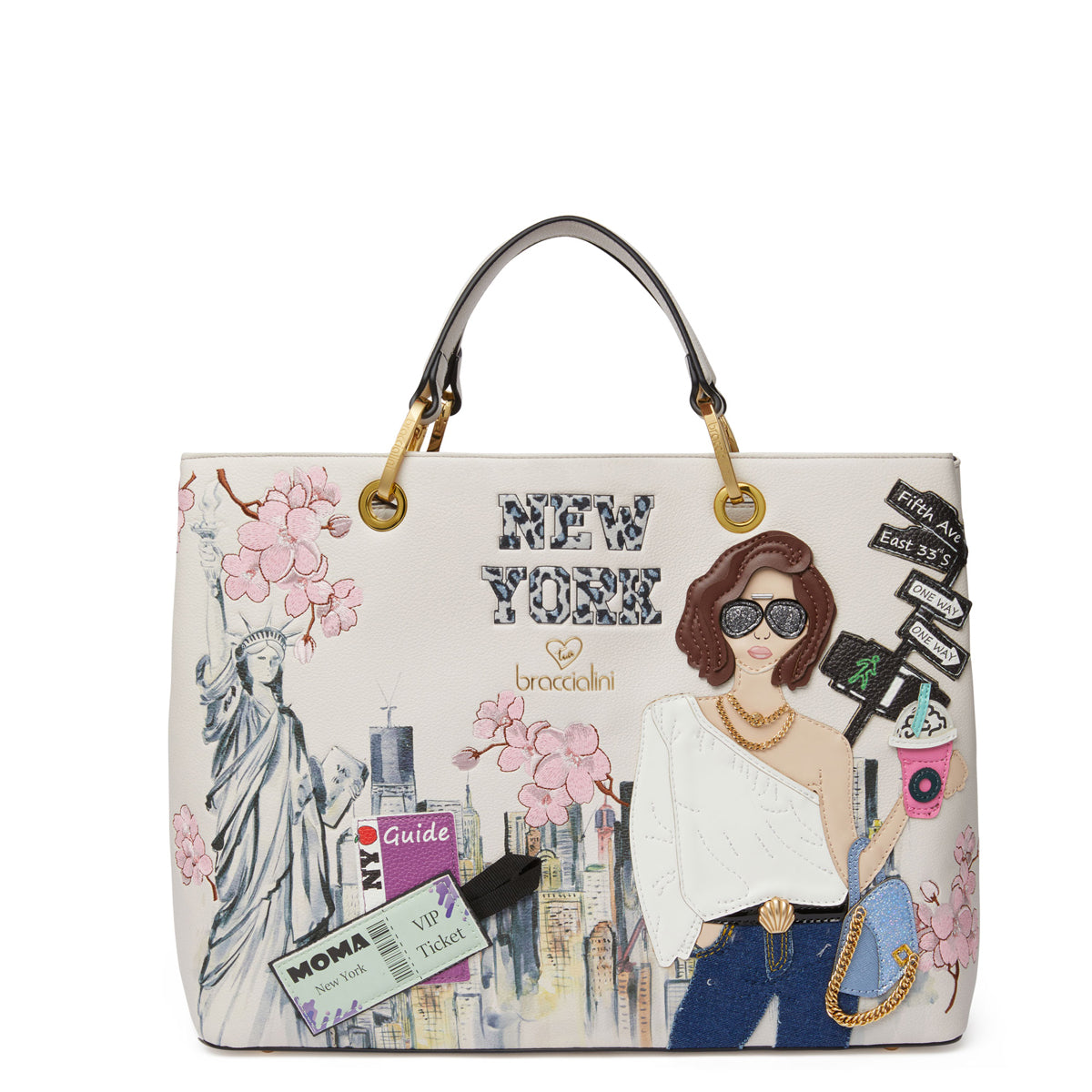 Braccialini Handbag New York Postcard Design B18161 YY - Unique Luxury Women's Tote for Travel, Work & Evening Out