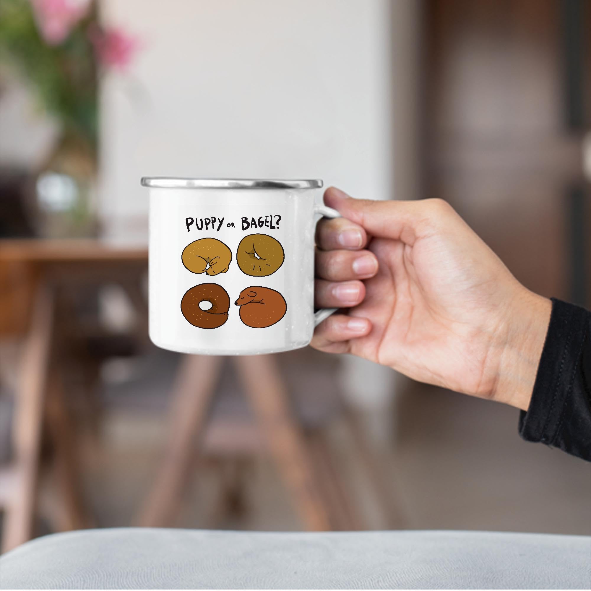 12oz Enamel Silver Coffee Mug - Perfect Gift for Dog Lovers, Pet Owners & Animal Fans - Cute Puppy and Bagel Sleeping Design - Great for Coffee, Tea & Hot Drinks at Home or Office