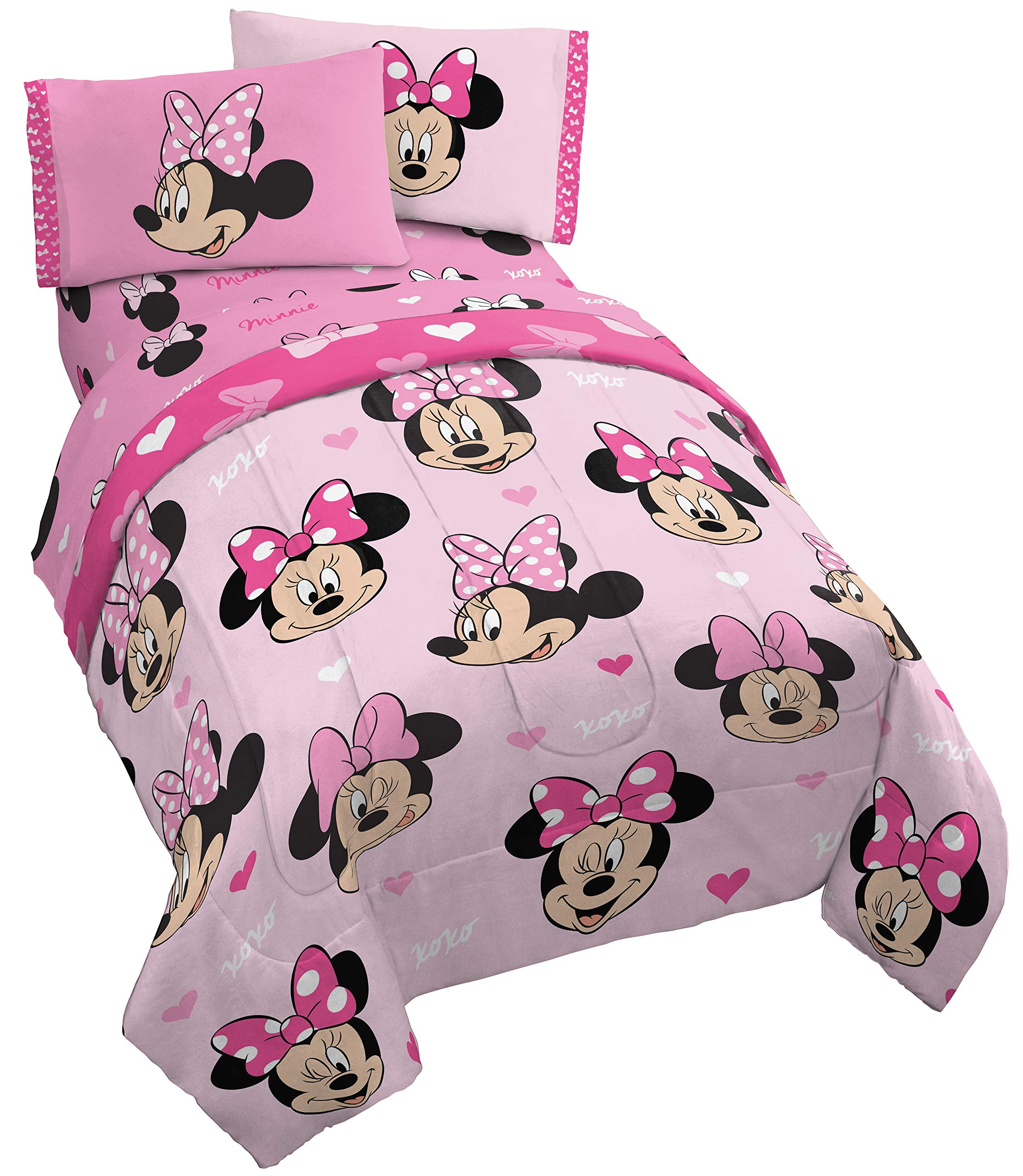 Disney Minnie Mouse Hearts & Love 4-Piece Twin Bedding Set - Reversible Comforter & Sheet Set - Ultra Soft Fade Resistant Microfiber - Official Licensed Disney Product - Perfect for Kids' Bedrooms, Dorm Rooms & Gift Giving