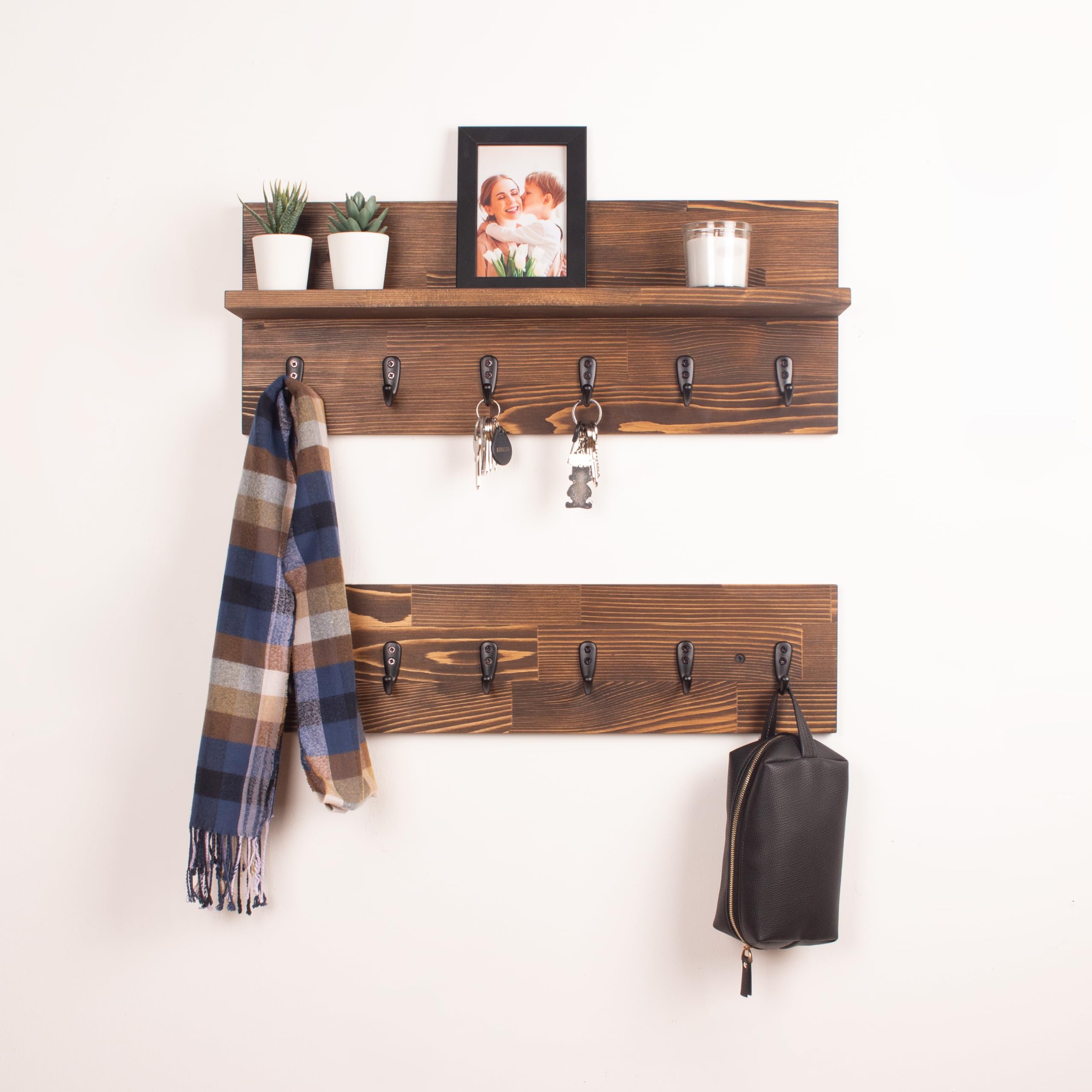 Wall Mounted Coat Rack with Floating Shelf - 24 Inch Rustic Wooden Entryway Organizer for Keys, Towels & Leashes (Set of 2 with 6 Hooks) - Perfect for Hallway, Mudroom & Bathroom Organization