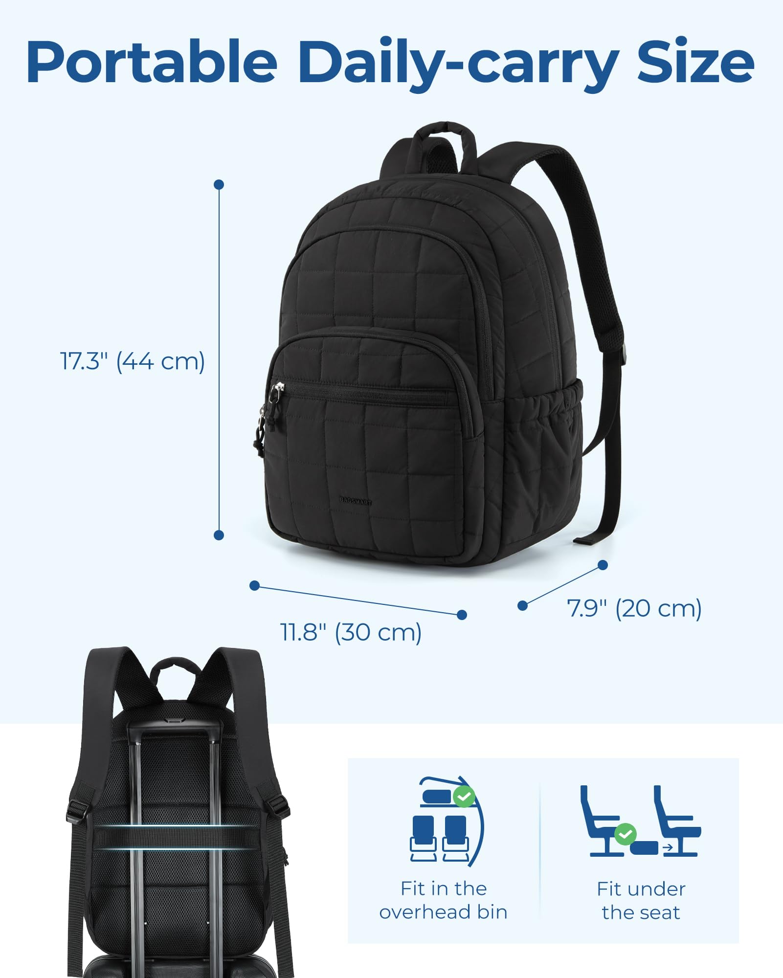 BAGSMART Quilted Water-Resistant Laptop Backpack for Women - Stylish College & Travel Daypack Fits 15.6 Inch Notebook - Perfect for School, Work & Commuting - Black
