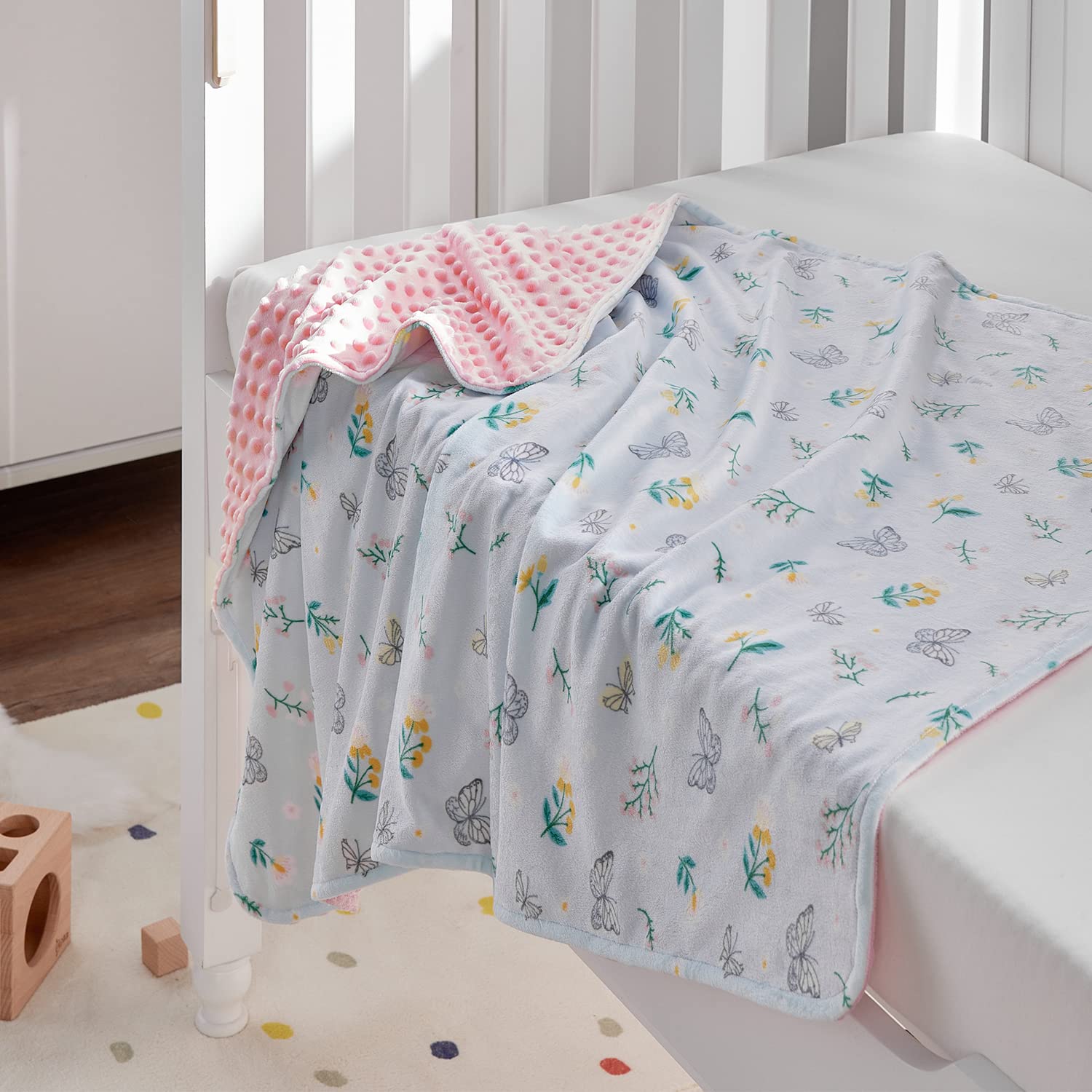 DaysU Ultra Soft Micro Plush Baby Blanket for Girls - Floral Print with Soothing Raised Dots, Double Layer Crib Blanket, Butterfly Floral Mint Green (30x40 Inches) - Perfect for Nursery, Swaddling, Stroller & Gift Giving
