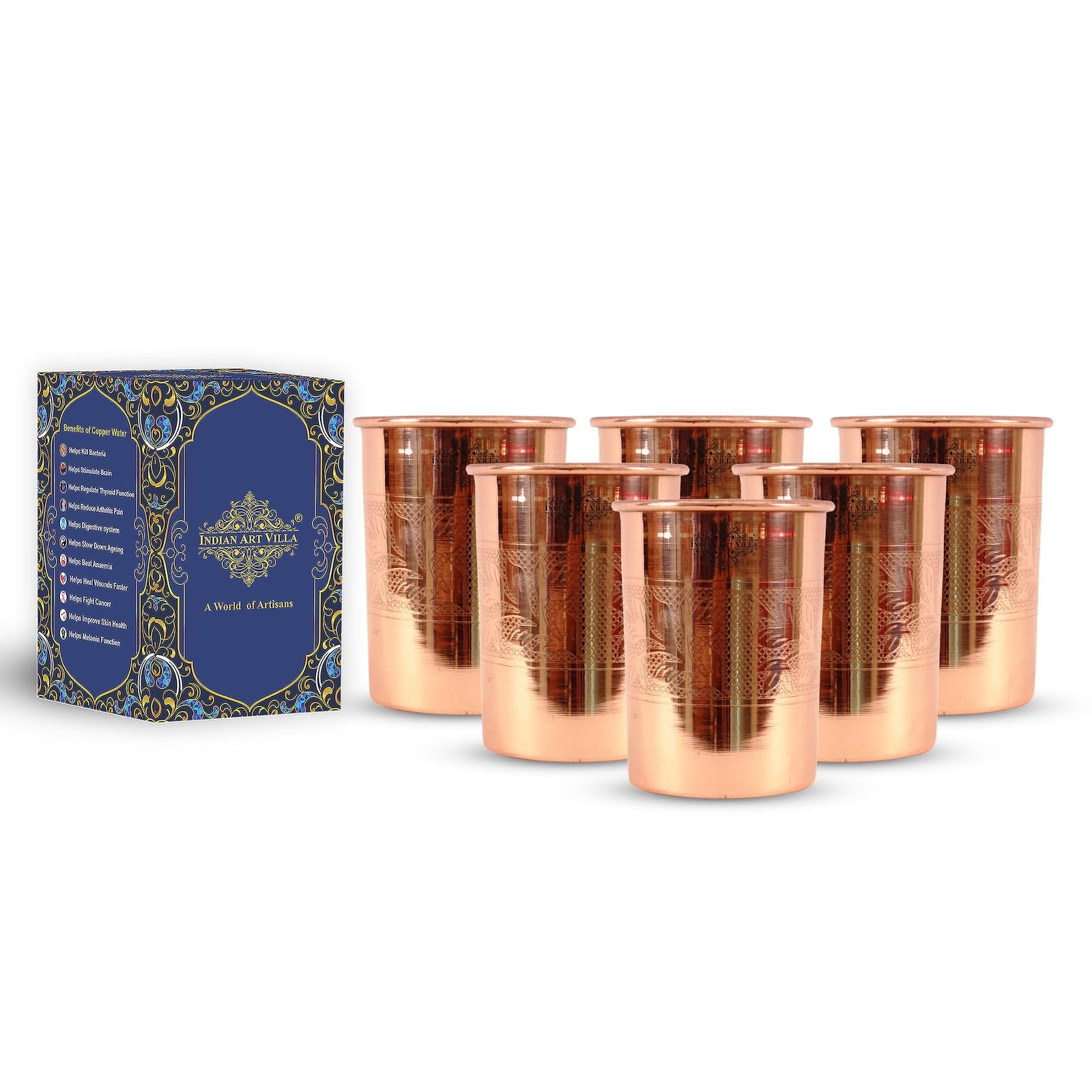 Handcrafted 10 oz Copper Tumbler Set of 6 - Engraved Leaf Design Indian Art Villa Drinkware | Perfect for Home, Kitchen, Restaurants & Gifts | Ideal for Water, Juice, Cocktails & Ayurvedic Drinks