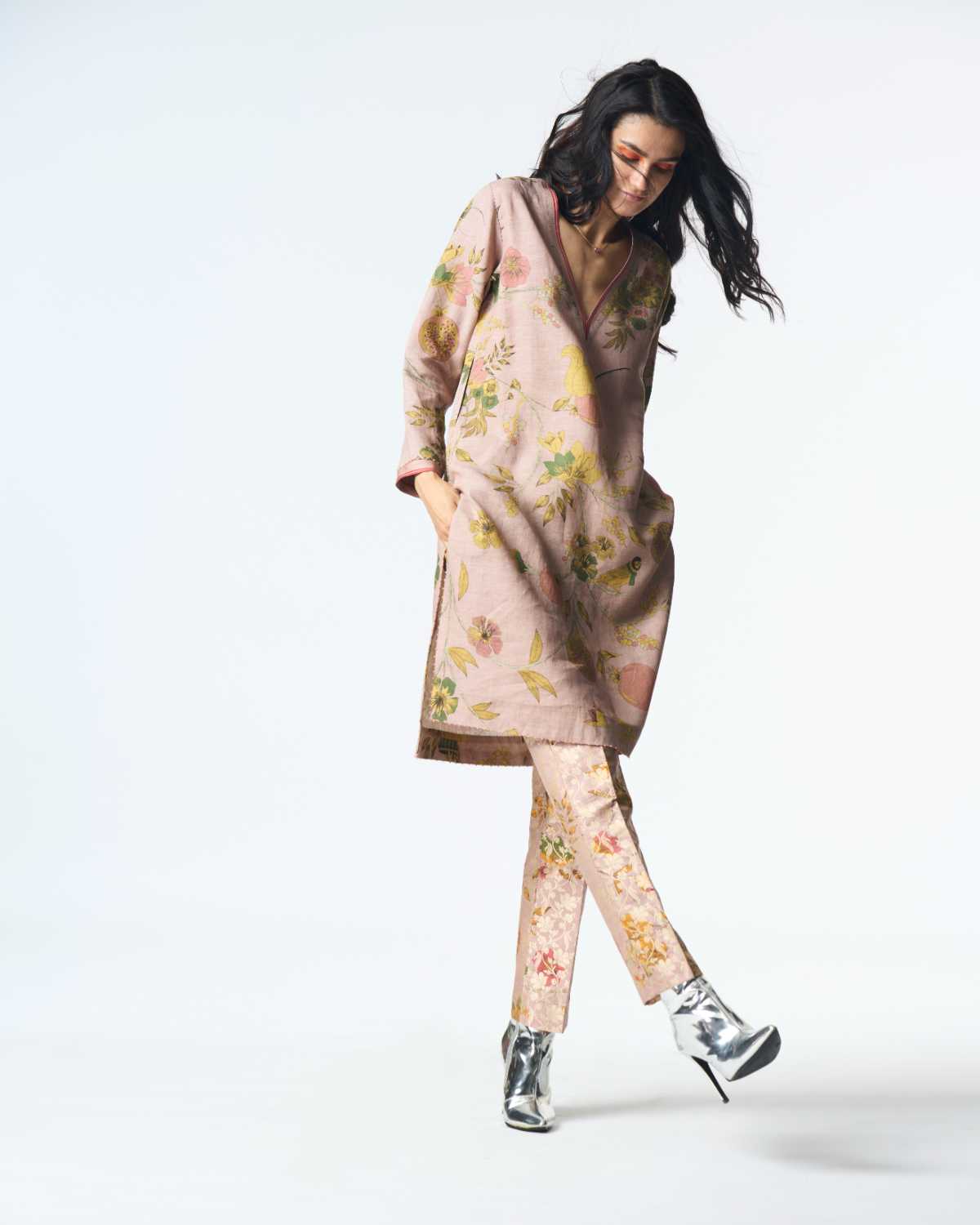 Elegant V Neck Kurta in Muga Satin - Champagne Pink Color for Women | Perfect for Festivals, Weddings & Special Occasions