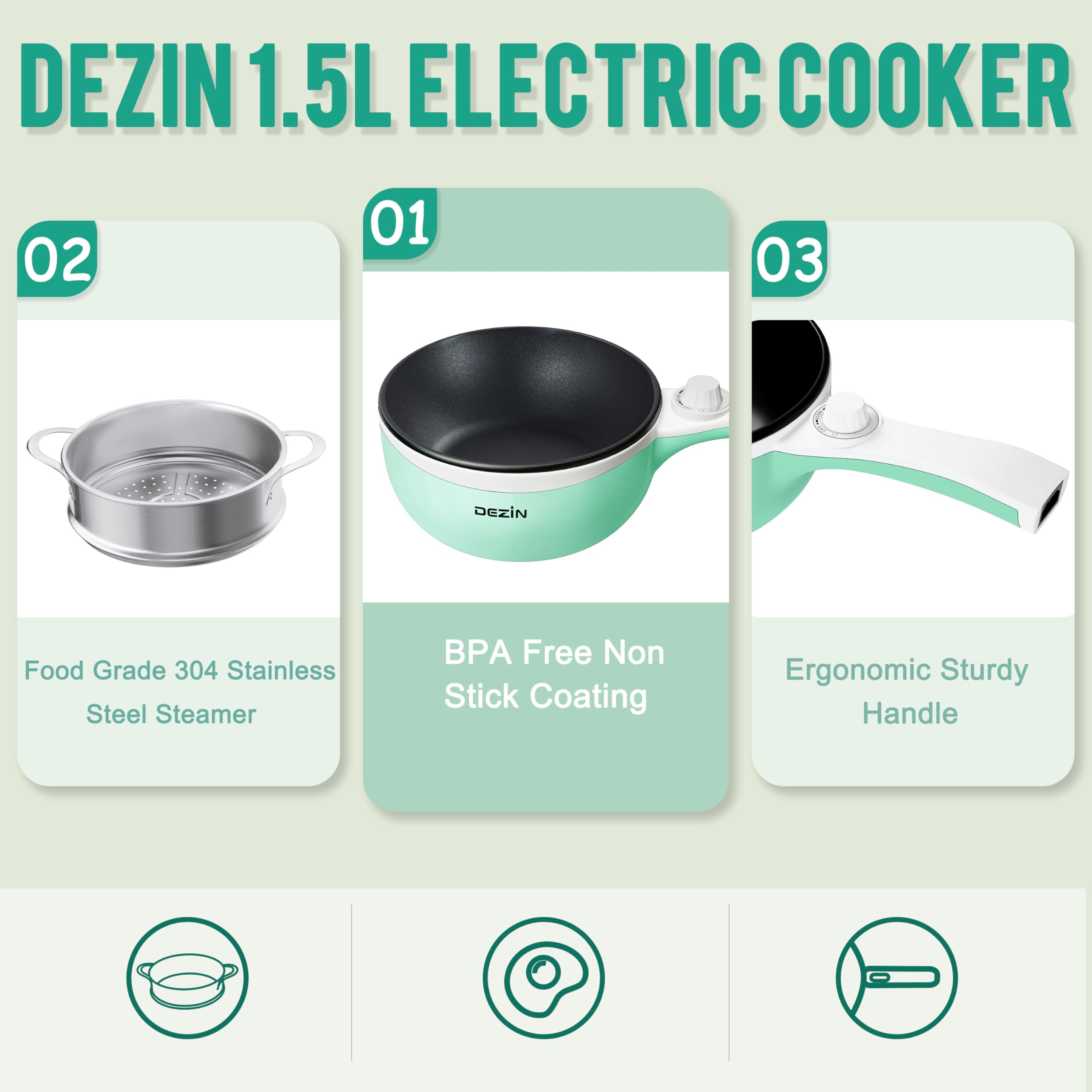 **Upgraded Dezin Electric Hot Pot with Steamer - 1.5L Non-Stick Sauté Pan, Rapid Noodles Cooker for Steak, Eggs, Fried Rice, Ramen, Oatmeal & Soup - Adjustable Temperature - Perfect for Dorm, Office, Camping & Small Kitchens**