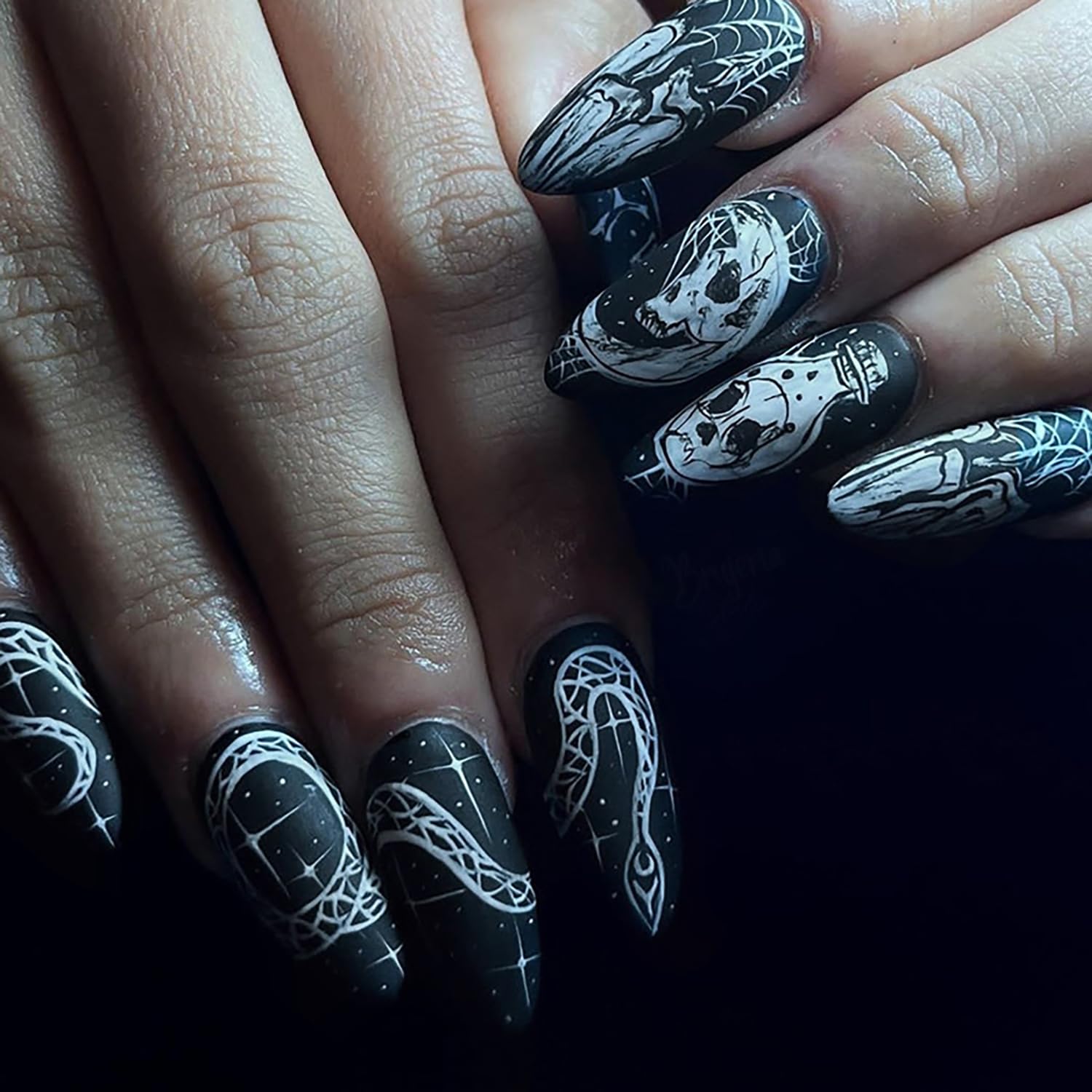Halloween Press on Nails Almond Shape - 24Pcs Black Glossy Acrylic Fake Nails with Skull & Snake Designs - Reusable Full Cover False Nails for Women - Perfect for Day of The Dead, Costume Parties & Spooky Events