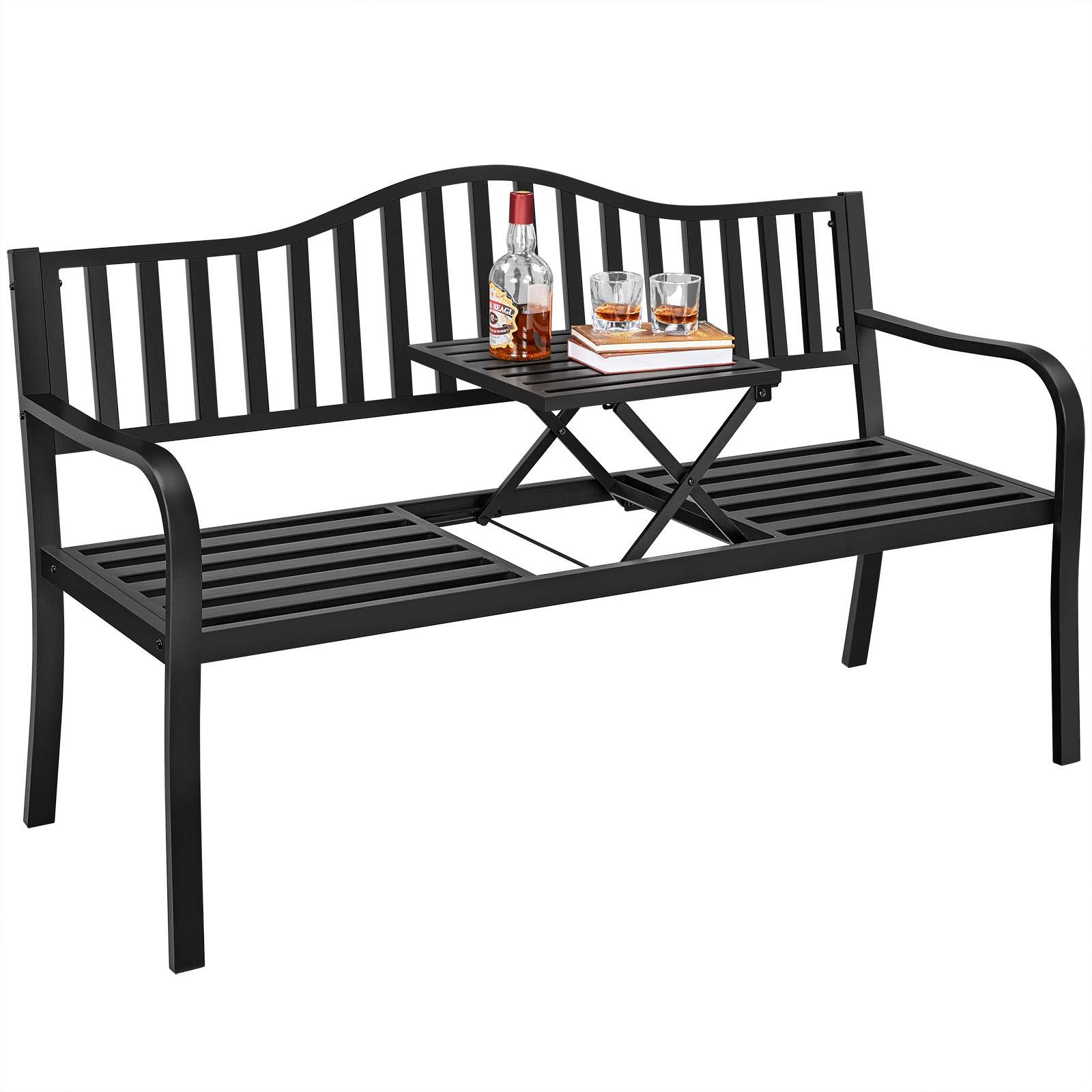 Topeakmart Outdoor Garden Bench with Adjustable Table - 2-Person Patio Furniture for Backyard, Park & Garden - Durable Black Steel Bench for Relaxing Outdoors