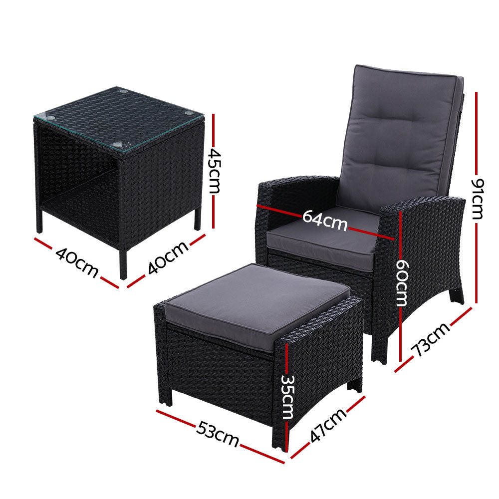 5-Piece Elise Outdoor Recliner Chair Set with Ottoman and Table - Black Patio Furniture for Backyard, Poolside & Garden Relaxation