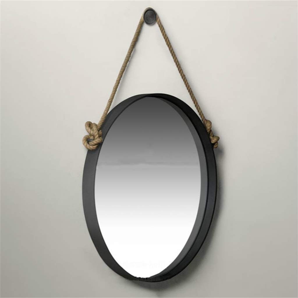 Round Black Metal Framed Wall Mirror with Hemp Rope Hanging Strap - Contemporary Vanity Mirror for Bathroom, Bedroom & Makeup Area | Elegant Home Decor & Functional Wall Art