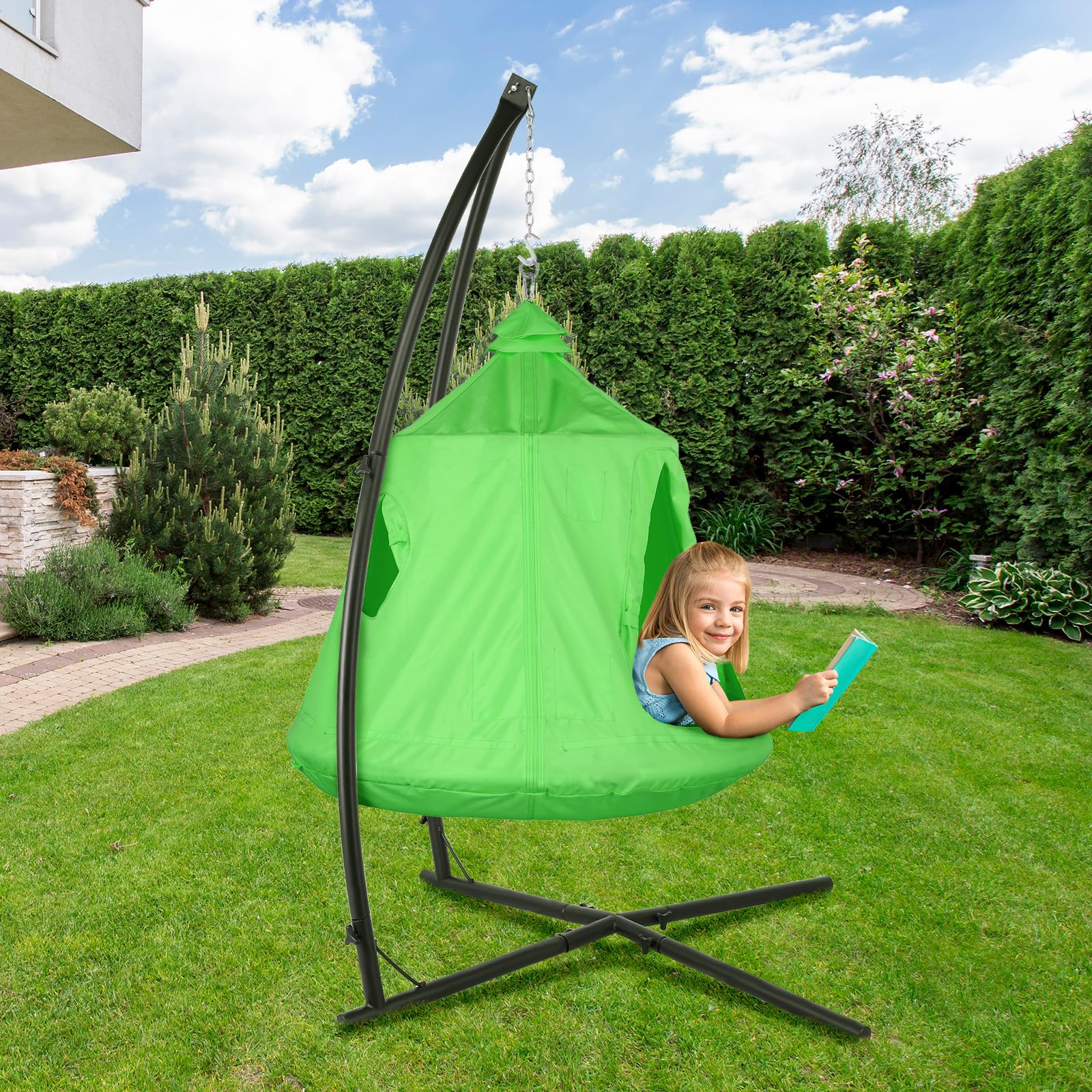 **Arlopu Hanging Hammock X-Stand with Tree Tent - Indoor & Outdoor Metal Swing Chair Stand for Play Tent, Egg Basket Patio Seat, Porch, Bedroom, Balcony - Adjustable Solid Support Stand (Green) - Perfect for Relaxing, Camping, and Backyard Lounging**