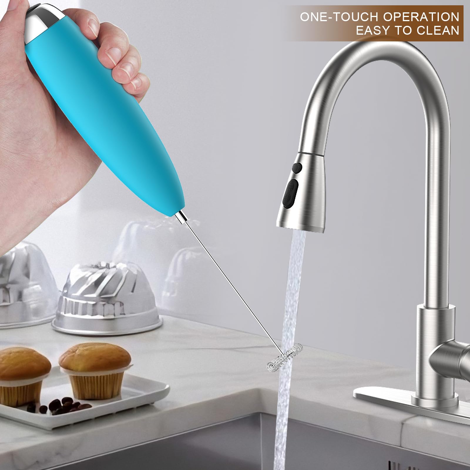 Upgraded Electric Milk Frother - Durable, Low Noise Mini Drink Mixer for Coffee, Latte & Cold Milk - Portable Foam Maker for Bulletproof Coffee & Hot Chocolate (Blue) | Perfect for Home, Office & Travel Use