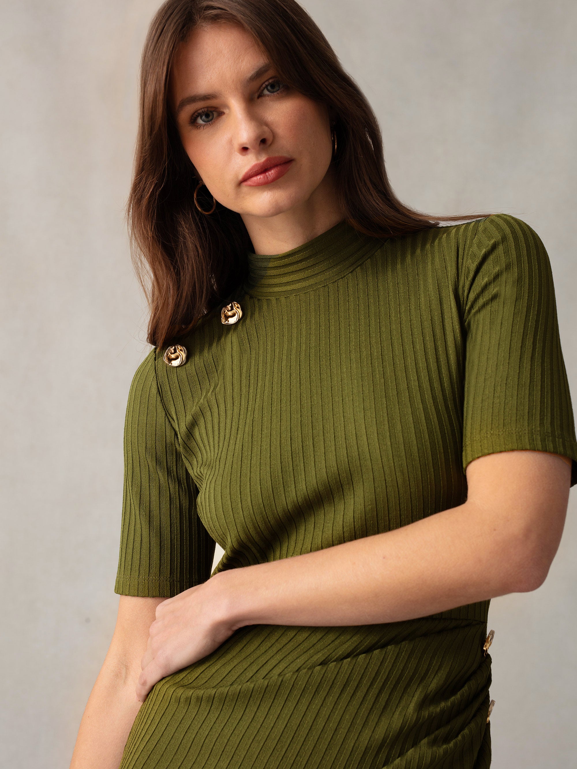Khaki Ribbed Split Front Midi Dress for Women - Casual & Elegant Outfit for Office, Date Night, and Summer Parties