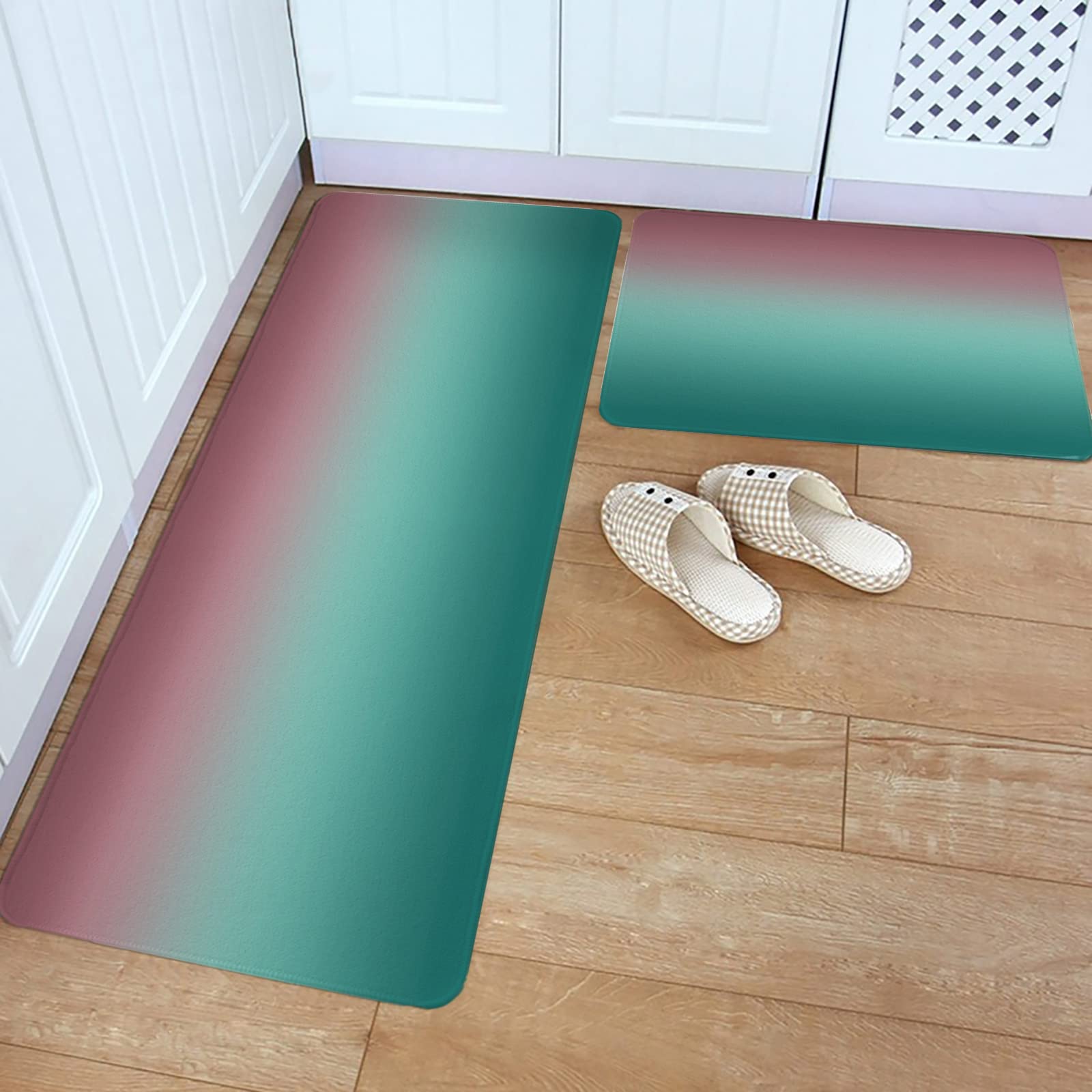 Ombre Green Pink Washable Kitchen Rugs & Bath Mats, Non-Slip Abstract Gradient Runner Rug for Indoor/Outdoor Use - Perfect for Kitchen, Bathroom, Entryway, and Laundry Room Decor