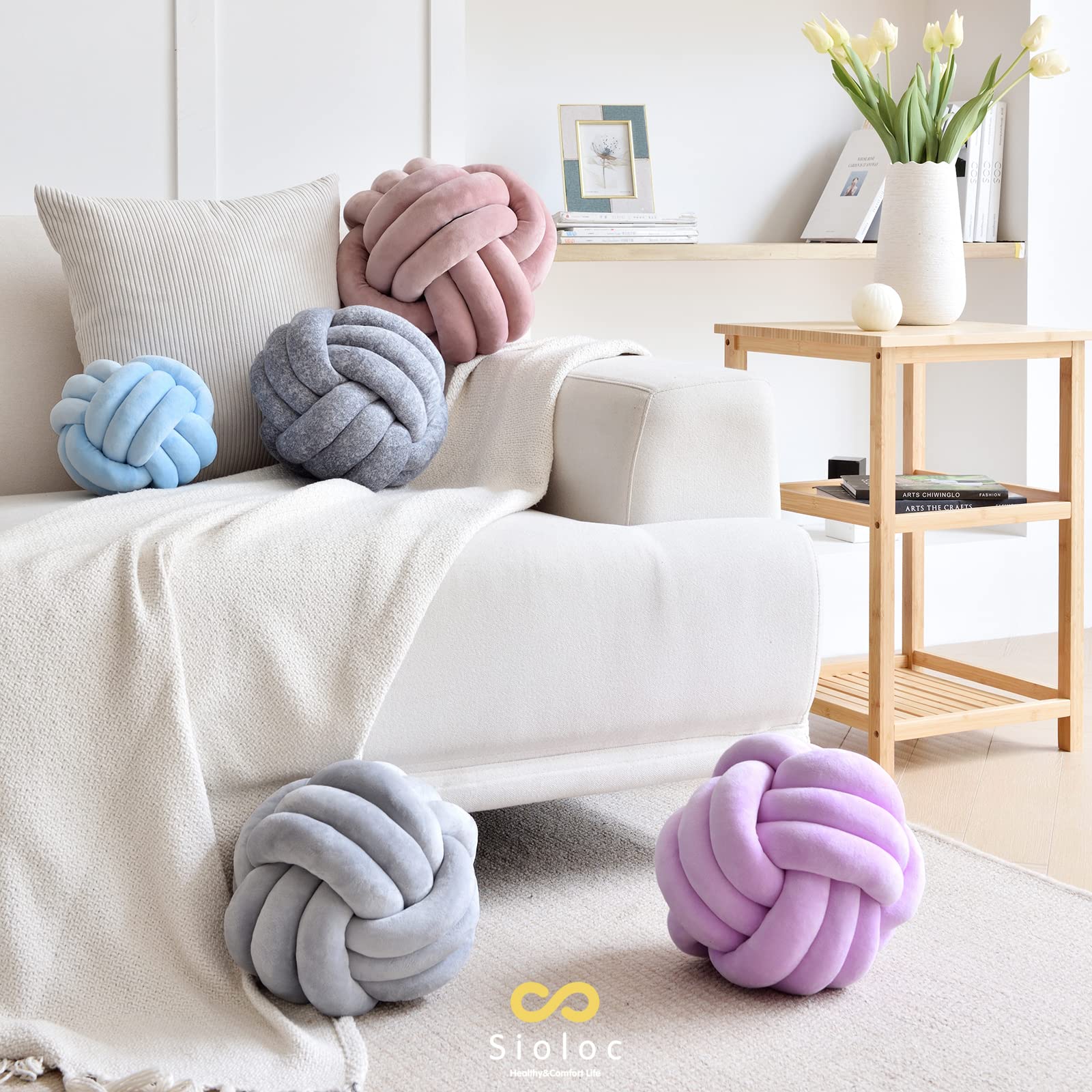Sioloc Soft Knot Ball Pillows - Round Plush Throw Cushion for Home Decor, Handmade Knotted Pillow (7.8 Inches, Light Blue) - Perfect for Sofa, Bed, Nursery & Cozy Living Room Accent