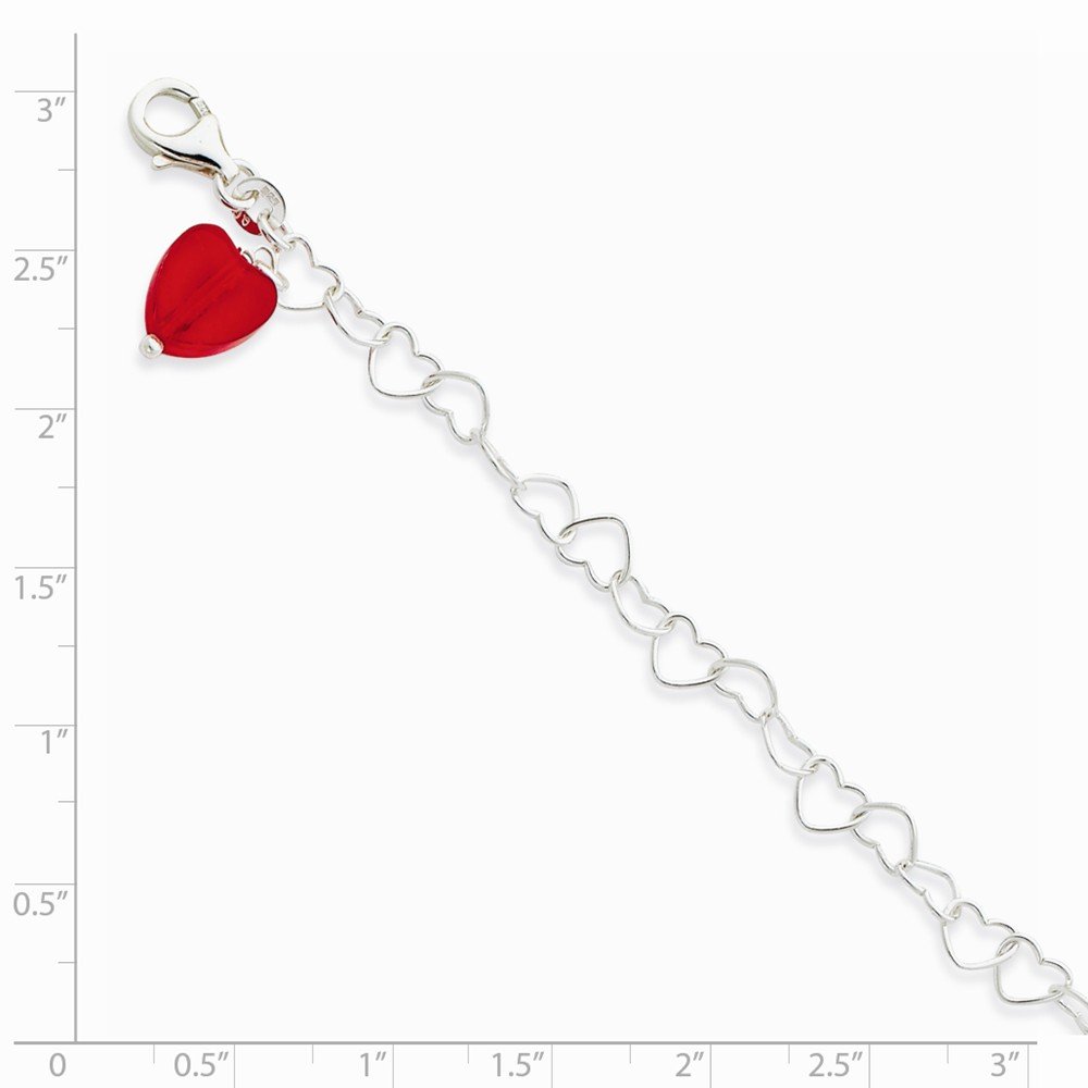 Jewels By Lux Sterling Silver Red Synthetic Crystal Heart Link Anklet - Elegant Ankle Bracelet for Women, Perfect for Valentine's Day Gifts, Date Nights & Special Occasions