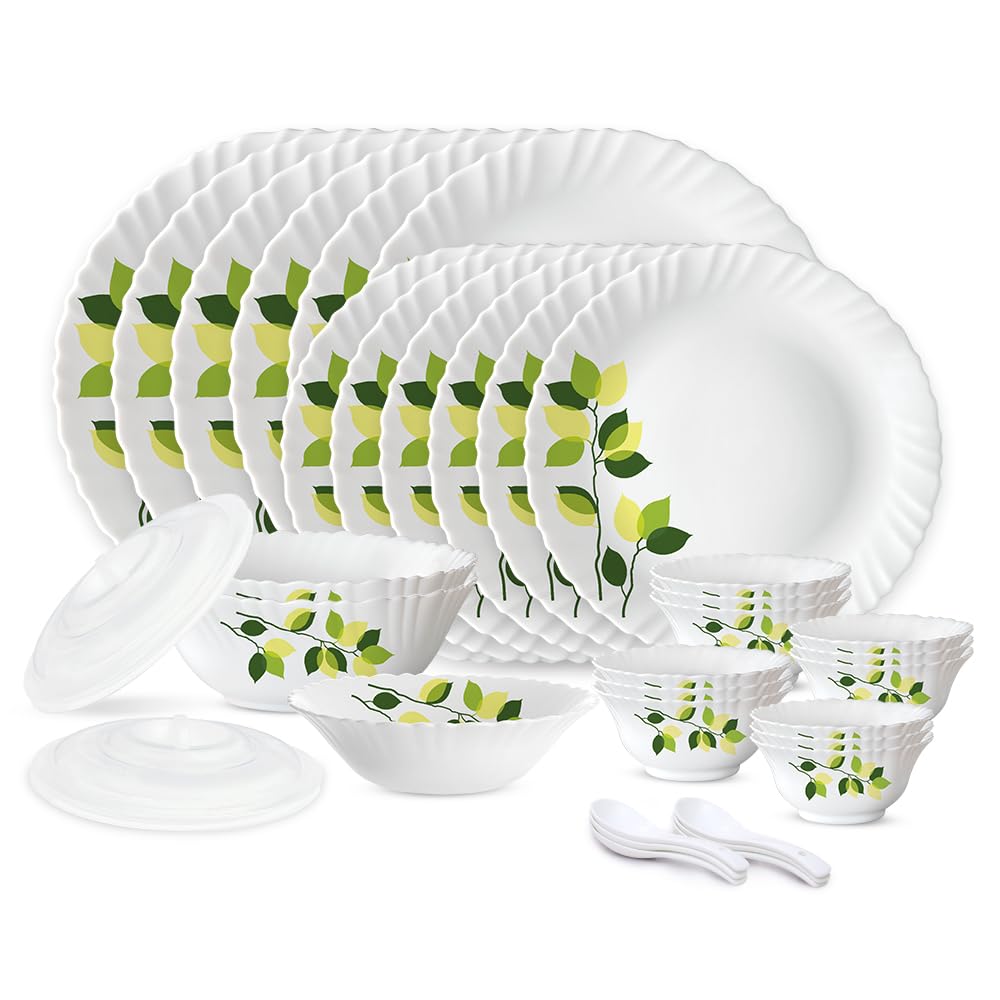 35-Piece Borosilicate Glass Dinnerware Set - Service for 6 with Stackable Plates, Bowls, Lids & Spoons - Chip & Stain Resistant, Microwave & Dishwasher Safe - White with Green Leaf Design - Perfect for Family Dinners, Parties & Everyday Use
