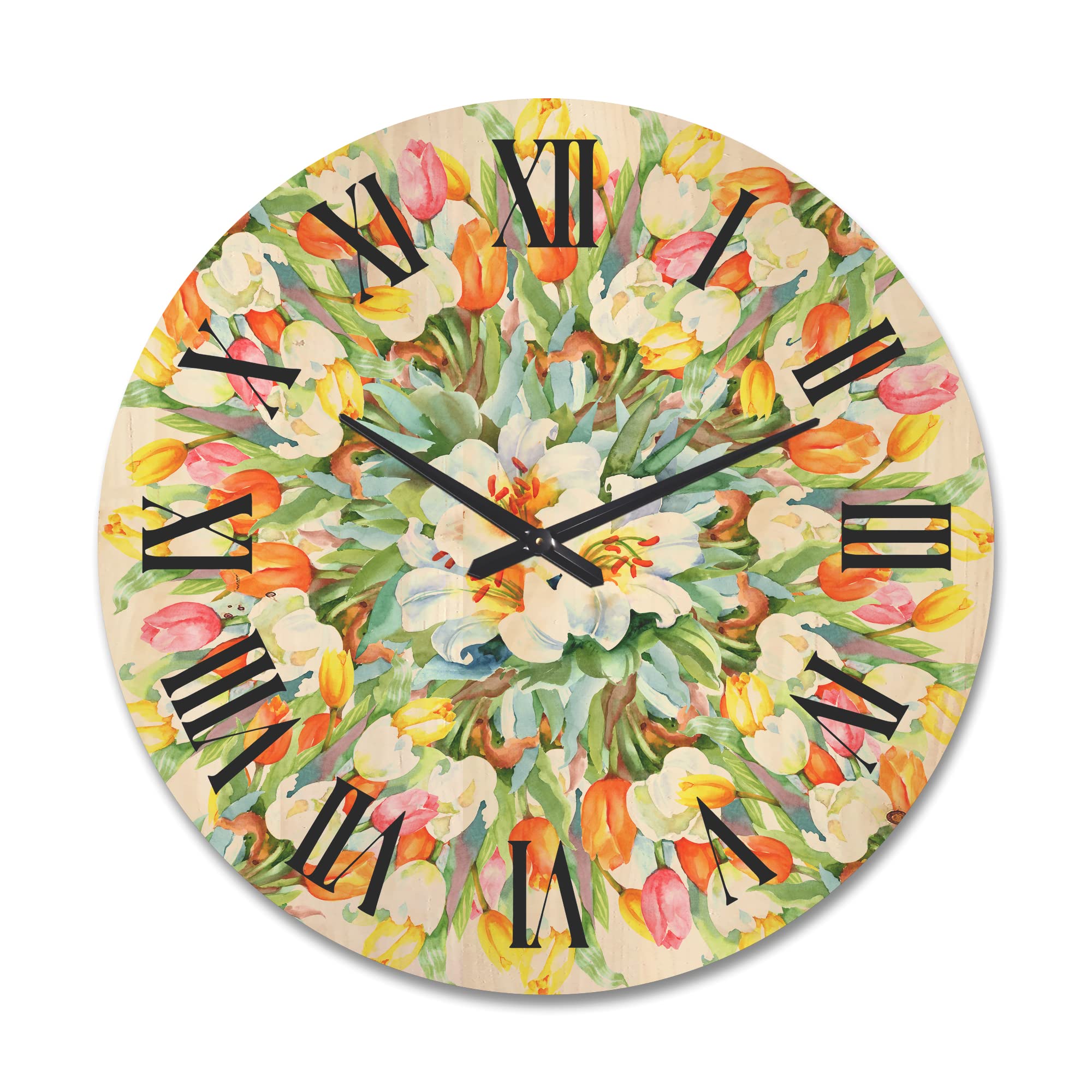 Blooming Orange & White Tulips Wood Wall Clock - Large Decorative Floral Botanical Clock for Living Room, Bedroom, Office - Traditional Oversized Wooden Wall Décor for Home & Gift Giving
