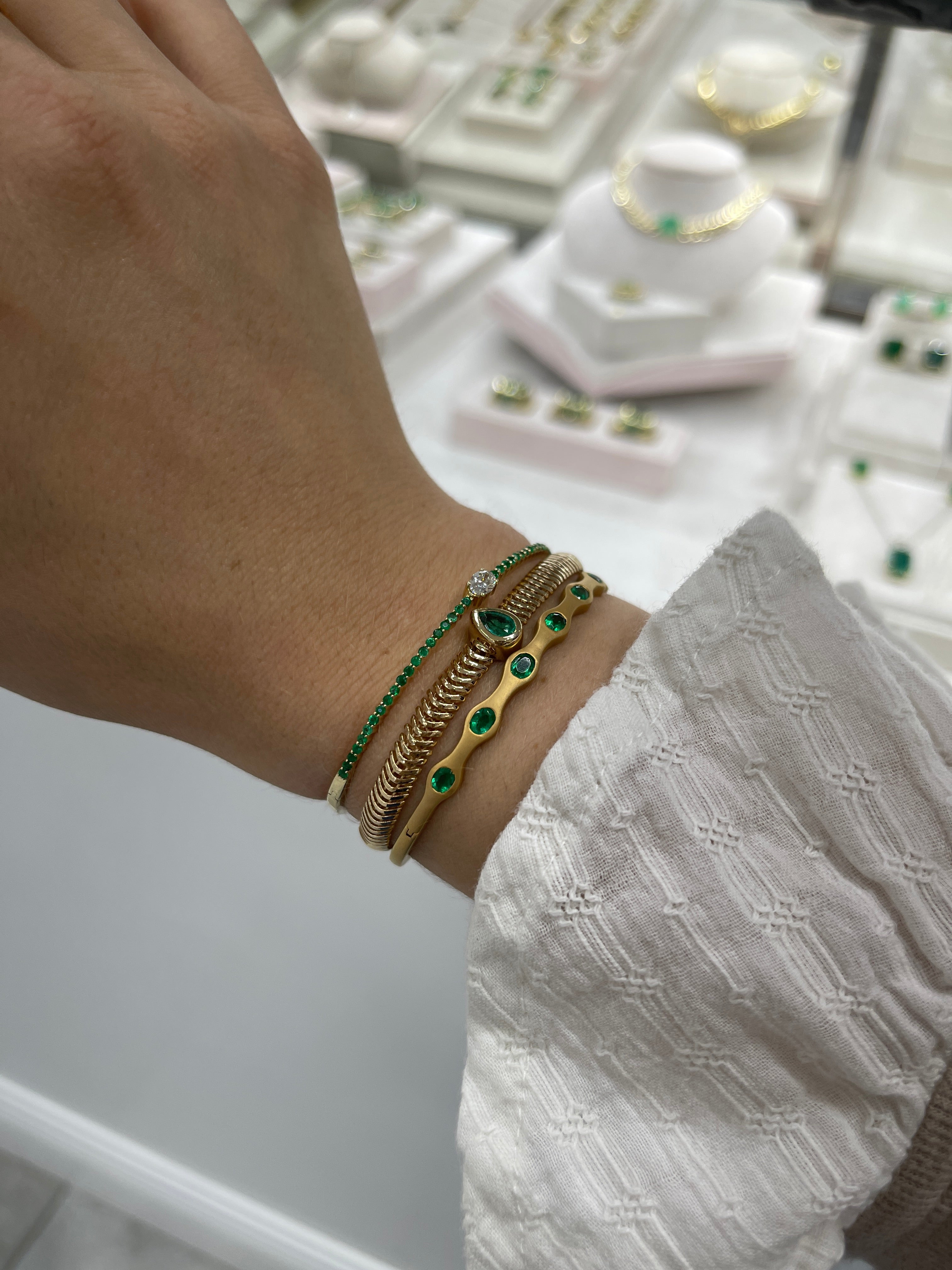 14K Gold Teardrop Emerald & Diamond Snake Chain Bracelet - Elegant Fine Jewelry for Women, 6.5 Inch Adjustable, Perfect for Weddings, Parties & Special Occasions