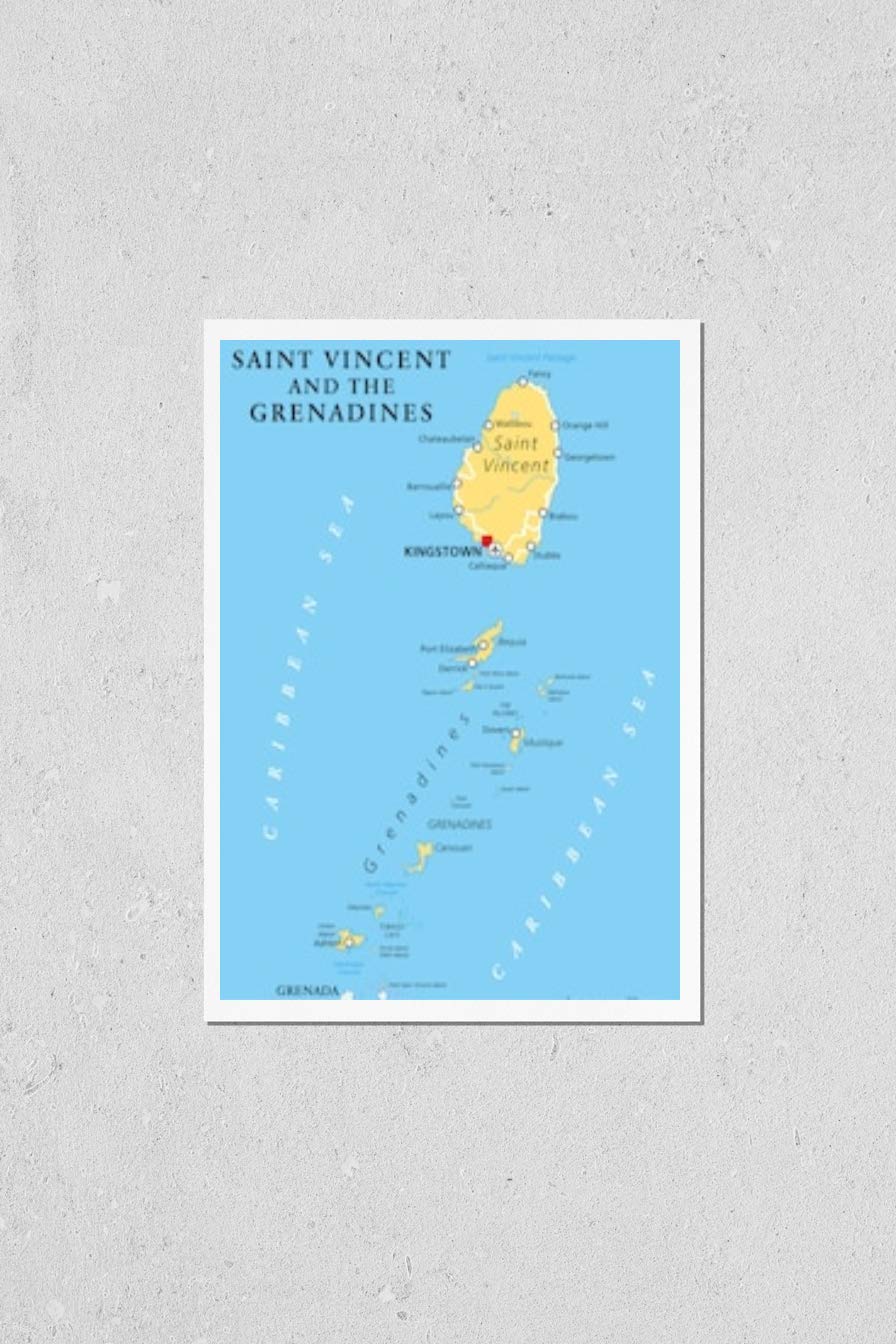 Saint Vincent and The Grenadines Political Map Poster - Detailed Island Country in Lesser Antilles with Capital Kingstown - English Labeled Wall Art for Home, Office & Classroom Decor