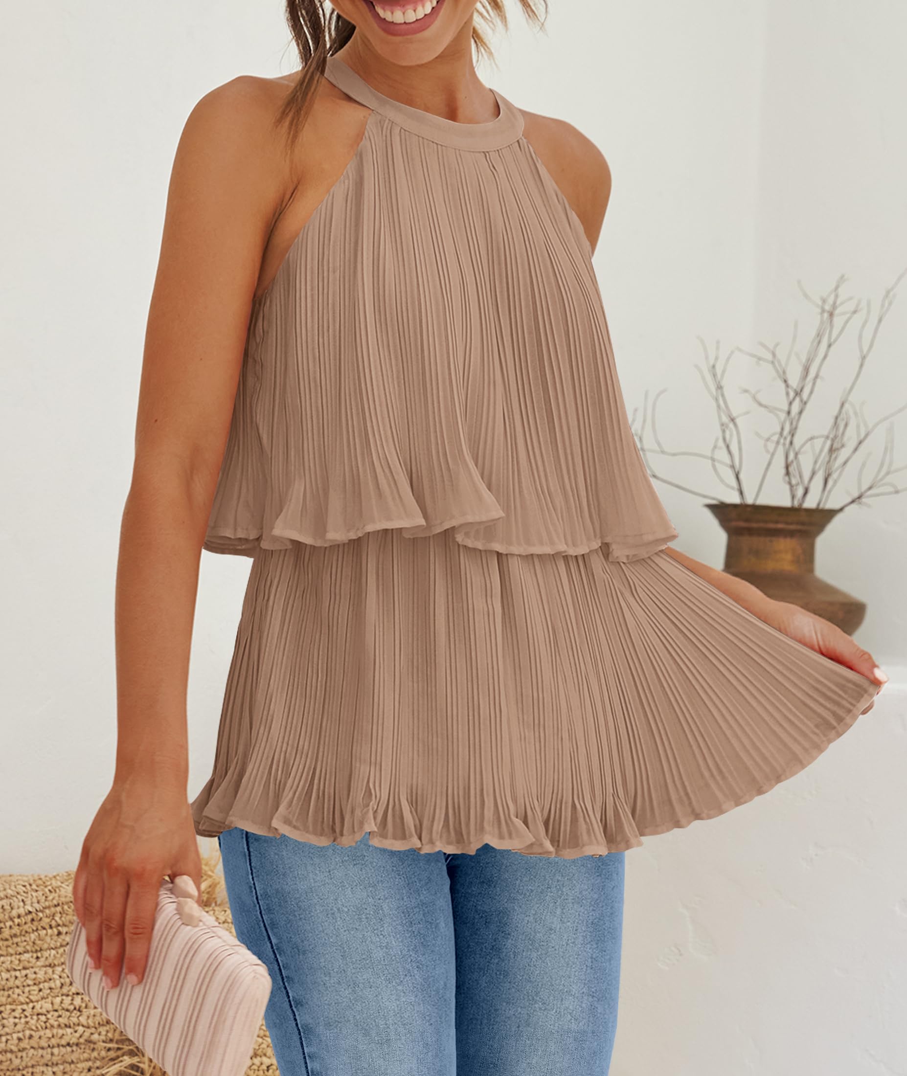 ZESICA Women's Summer Halter Tank Tops - Casual Sleeveless Ruffle Blouse with Layered Chiffon Design | Perfect for Beach, Vacation & Summer Outfits