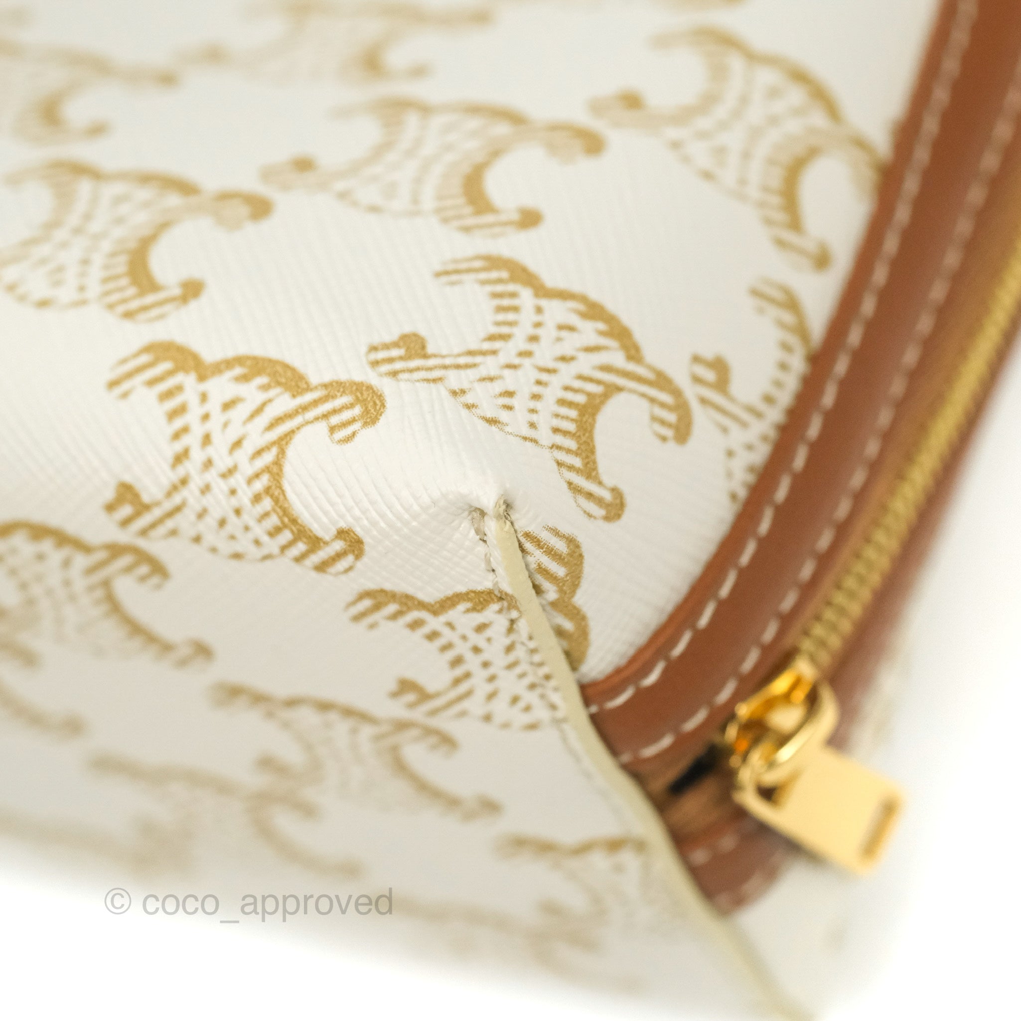 Celine Triomphe Canvas and Lambskin Chain Clutch Bag in White/Tan - Elegant Evening Bag for Parties, Weddings & Special Occasions