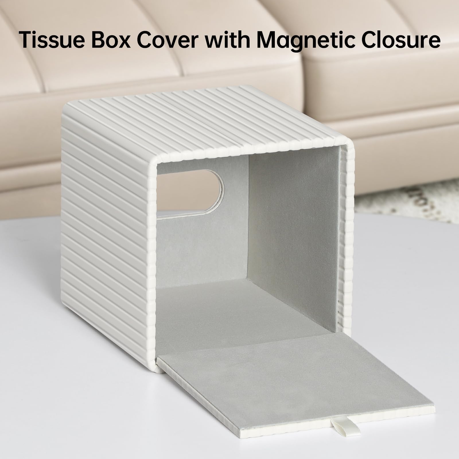 Premium PU Leather Square Tissue Box Cover with Magnetic Closure - Elegant Ivory Stripe Design for Home & Office Decor | Water-Resistant & Dustproof Tissue Holder for Living Room, Bedroom, or Bathroom