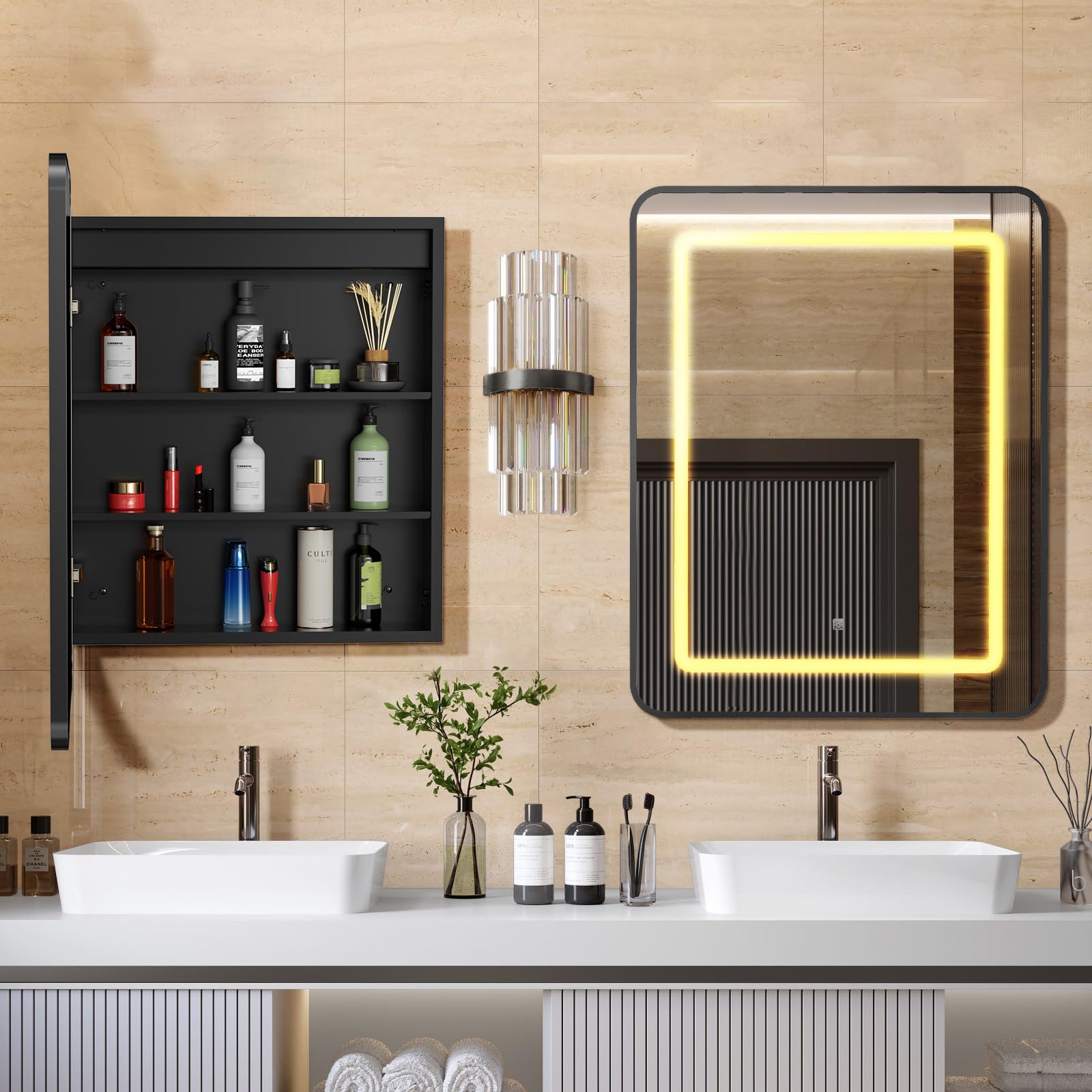 APRILSOUL 20x30 Inch Black Recessed/Surface Mount Bathroom Medicine Cabinet with LED Mirror - 3 Color Temperature Adjustable & Dimmable Lighting for Modern Homes, Vanity & Makeup Area